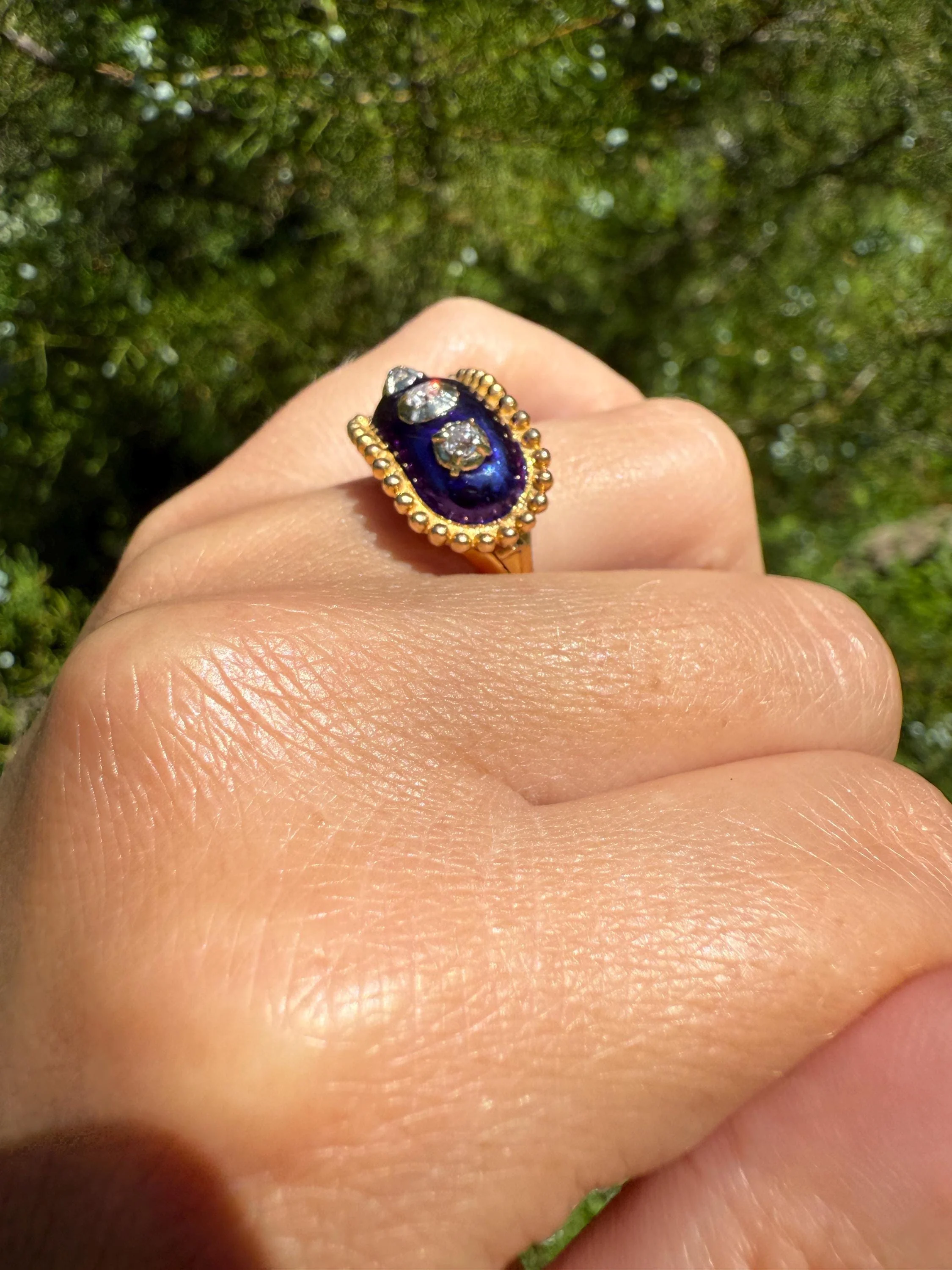 French Antique Bague Au Firmament Three Old Mine Cut Diamond Blue Enamel 18k Gold Ring of Heaven STAR Victorian Ornate Bead Rivet Halo OMC - Image 7