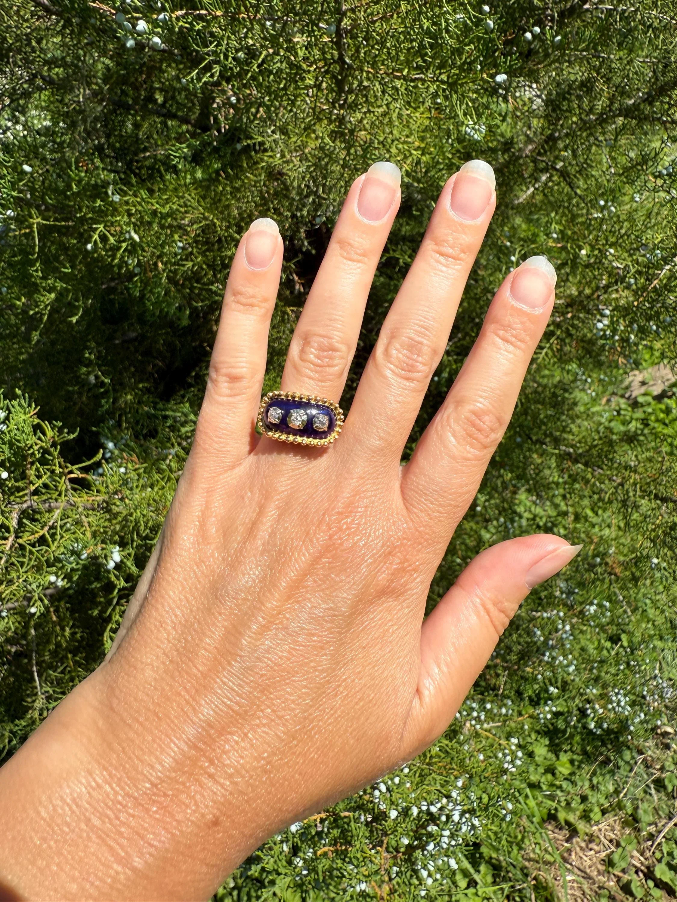 French Antique Bague Au Firmament Three Old Mine Cut Diamond Blue Enamel 18k Gold Ring of Heaven STAR Victorian Ornate Bead Rivet Halo OMC - Image 8