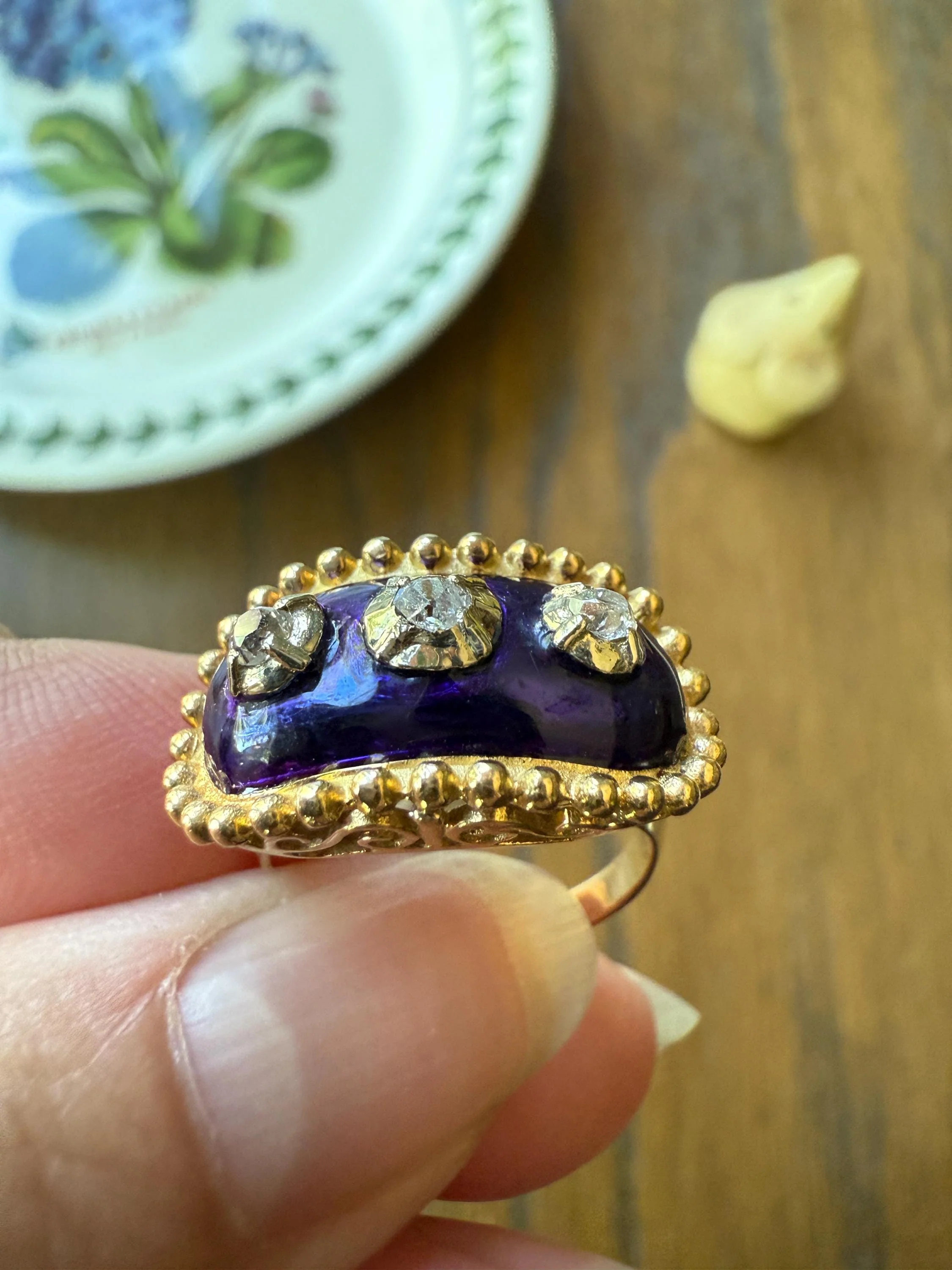 French Antique Bague Au Firmament Three Old Mine Cut Diamond Blue Enamel 18k Gold Ring of Heaven STAR Victorian Ornate Bead Rivet Halo OMC - Image 9