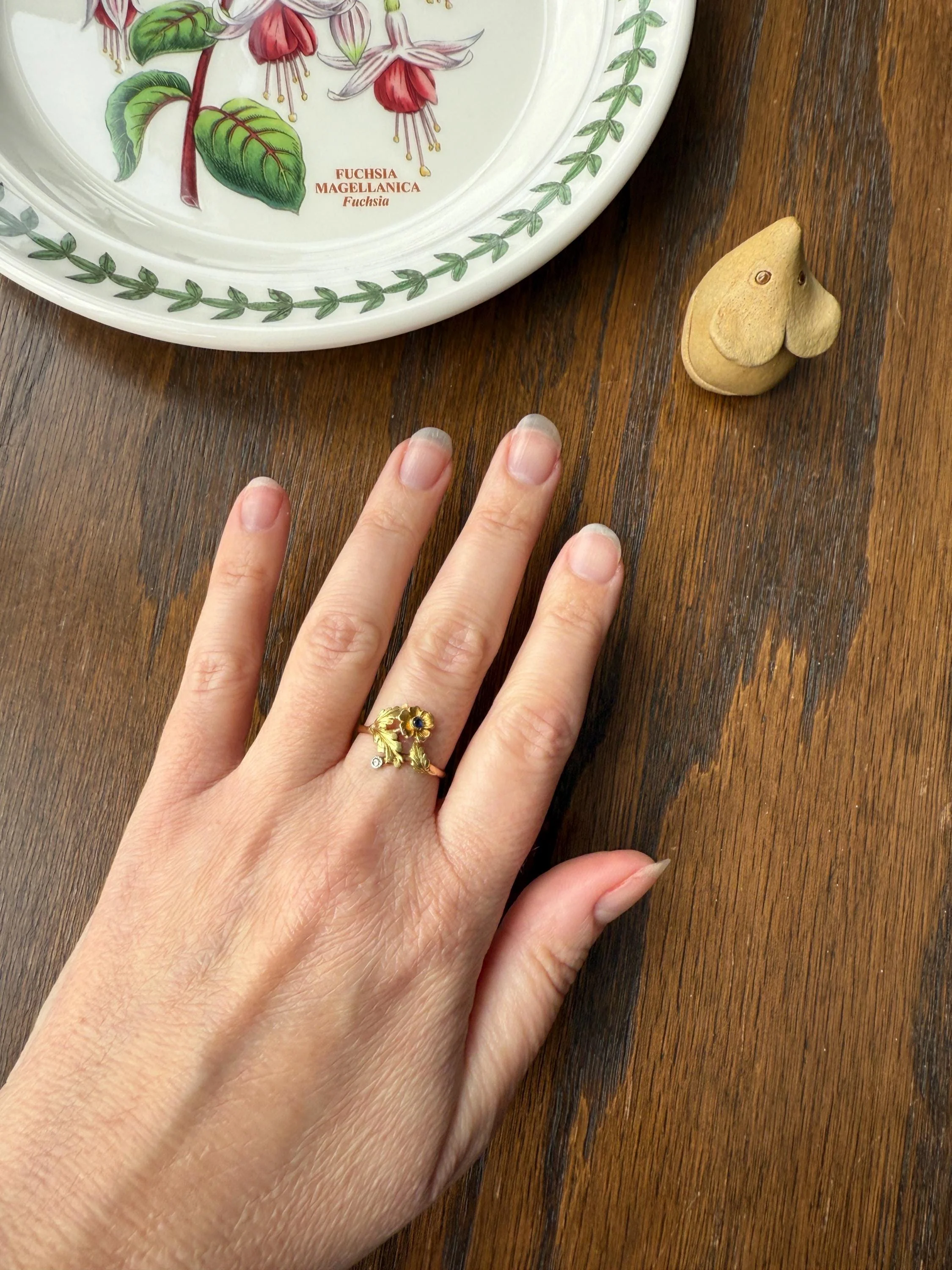 French Antique Belle Epoque Figural Wild ROSE Leaf Tricolor 18k Gold Ring Sapphire Rose Cut Diamond Floral Art Nouveau Gift Flower Stacker - Image 11