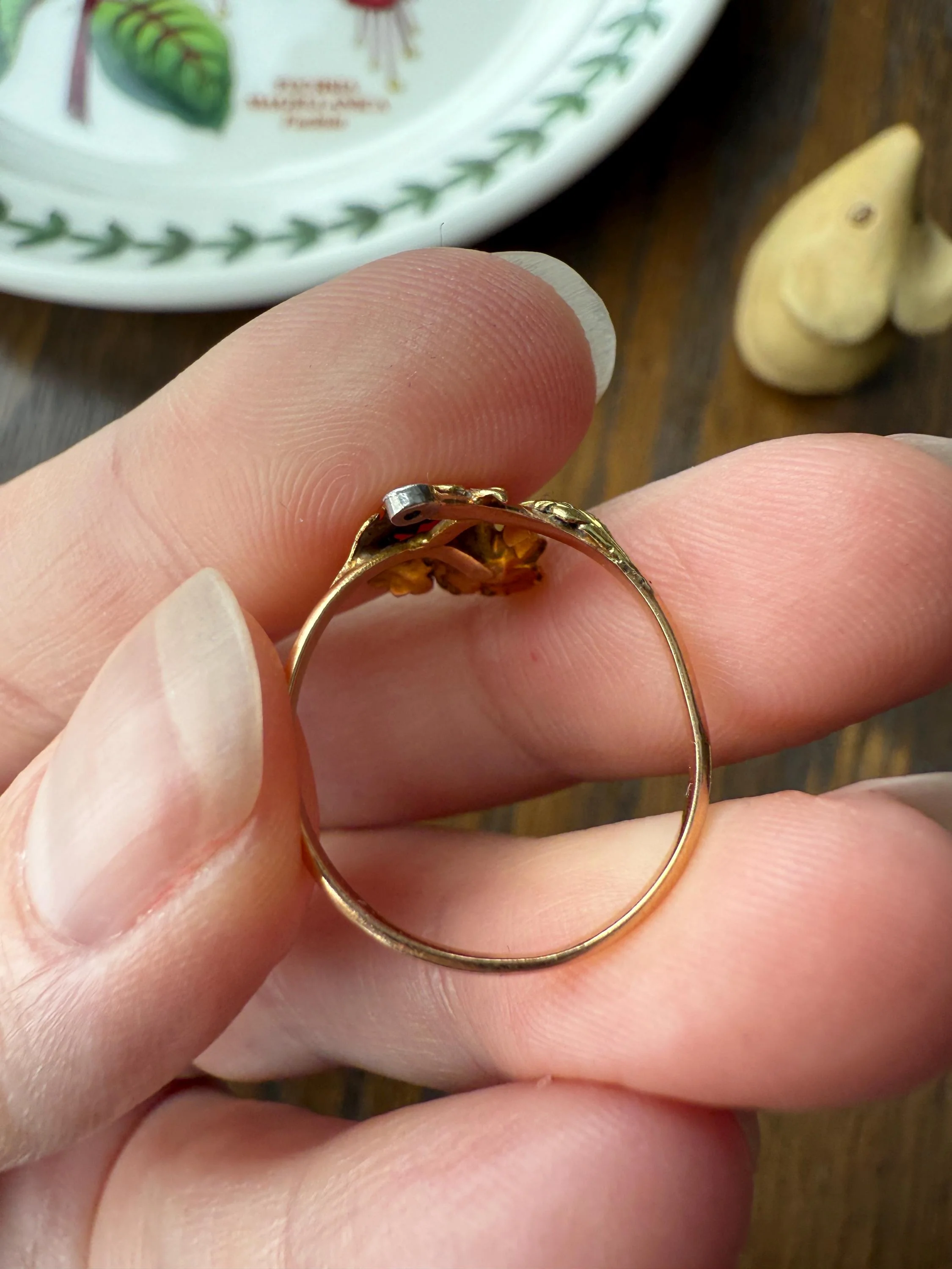 French Antique Belle Epoque Figural Wild ROSE Leaf Tricolor 18k Gold Ring Sapphire Rose Cut Diamond Floral Art Nouveau Gift Flower Stacker - Image 13
