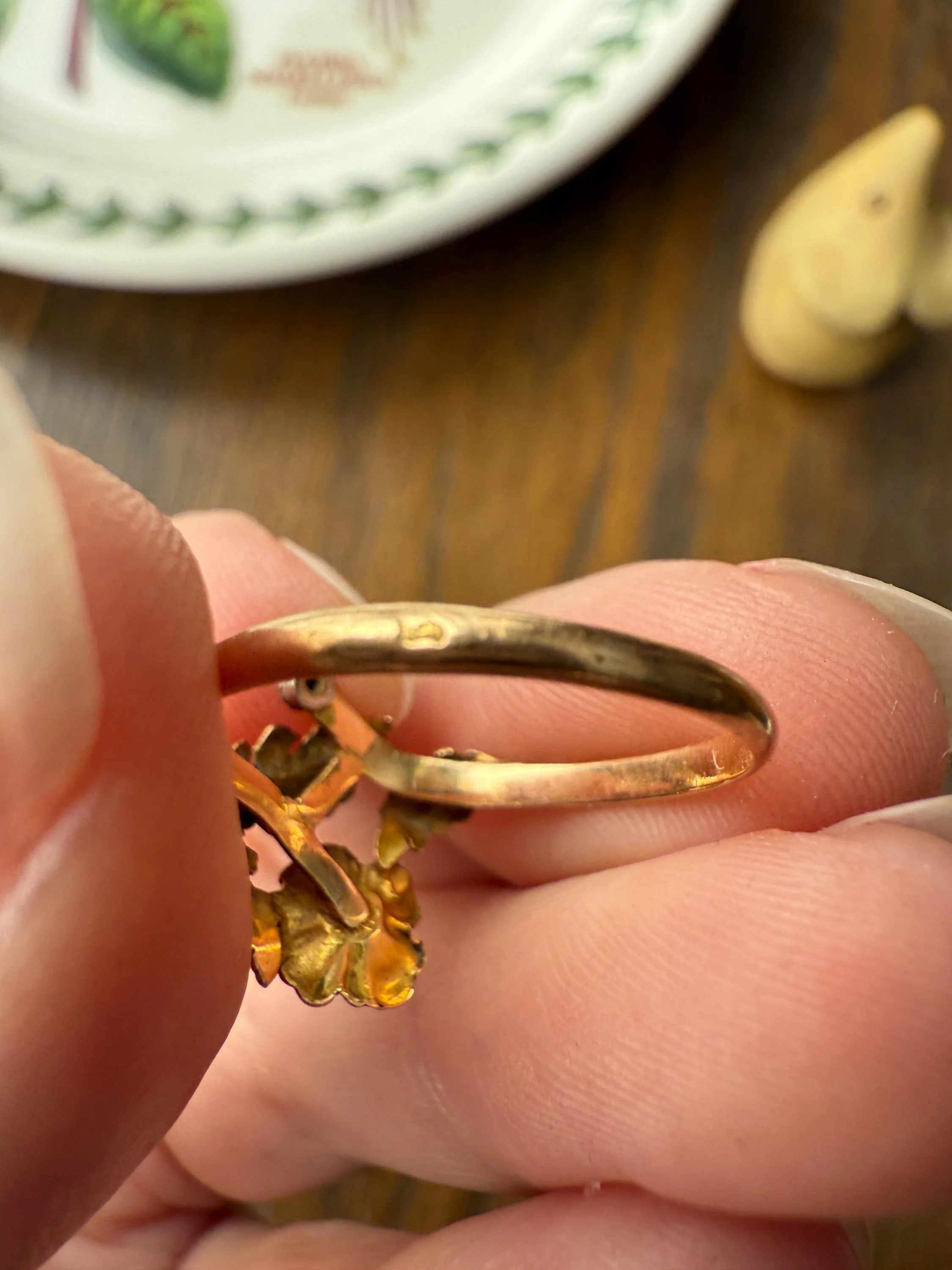 French Antique Belle Epoque Figural Wild ROSE Leaf Tricolor 18k Gold Ring Sapphire Rose Cut Diamond Floral Art Nouveau Gift Flower Stacker - Image 14