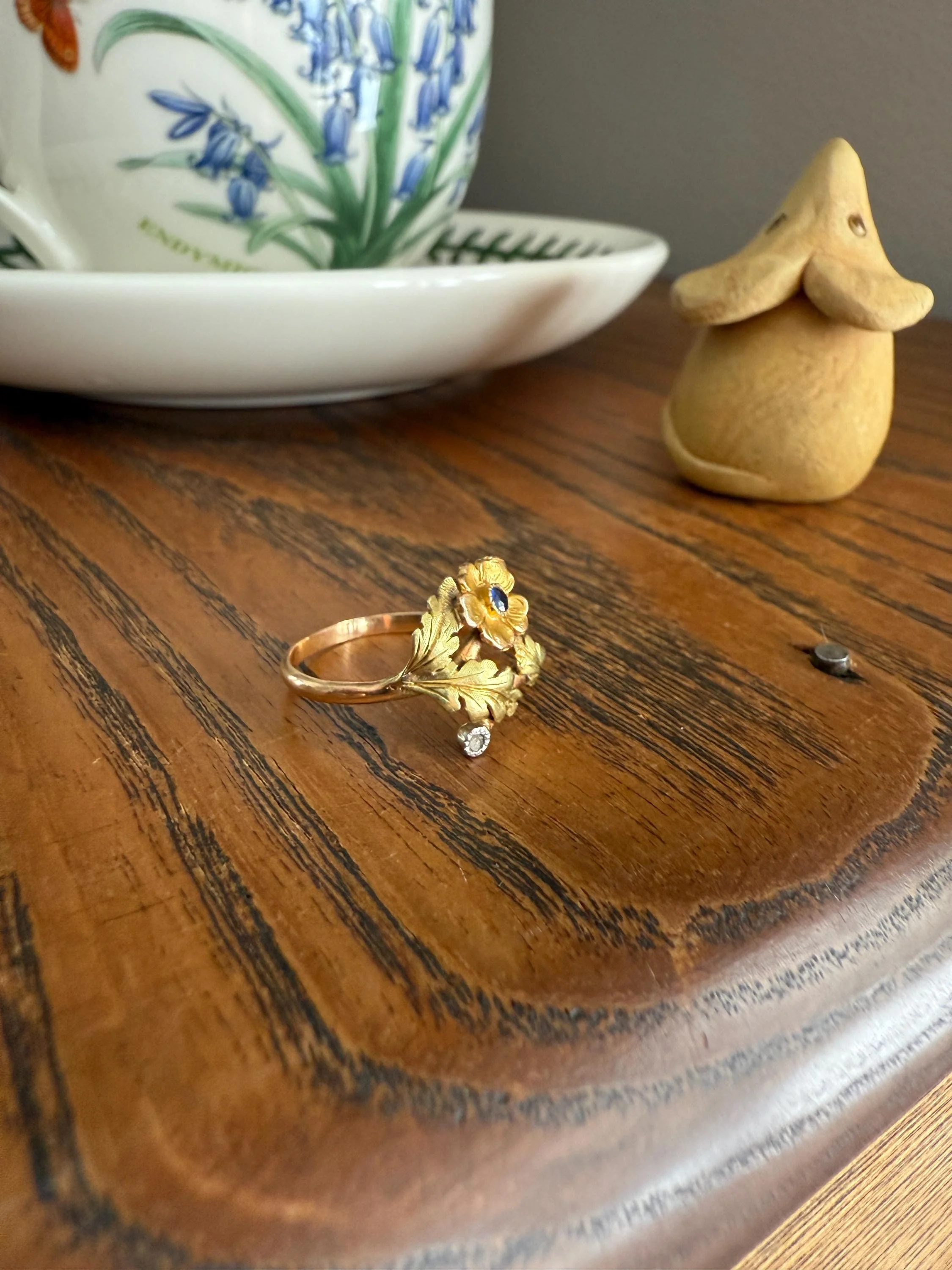 French Antique Belle Epoque Figural Wild ROSE Leaf Tricolor 18k Gold Ring Sapphire Rose Cut Diamond Floral Art Nouveau Gift Flower Stacker - Image 4