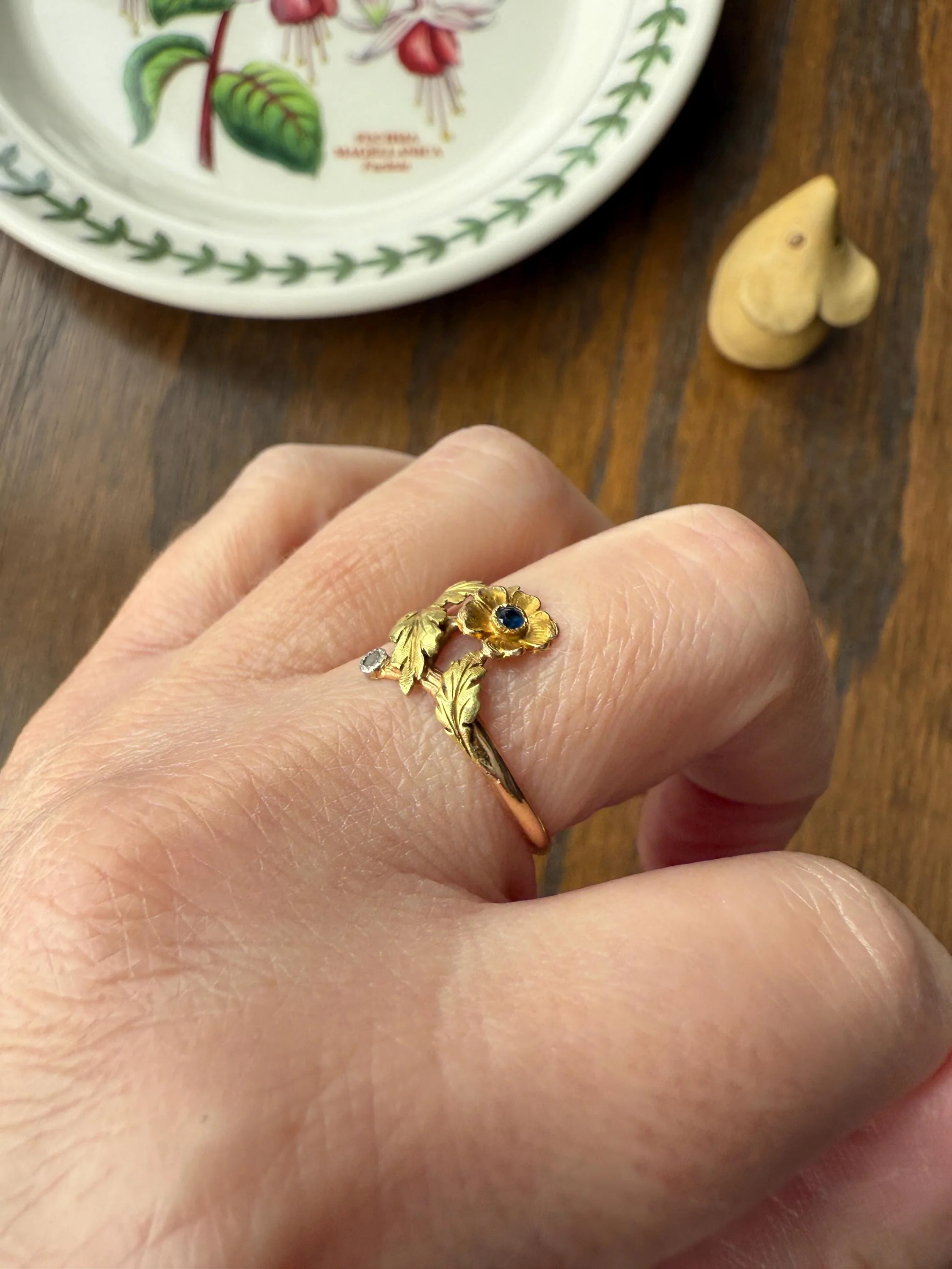French Antique Belle Epoque Figural Wild ROSE Leaf Tricolor 18k Gold Ring Sapphire Rose Cut Diamond Floral Art Nouveau Gift Flower Stacker - Image 5