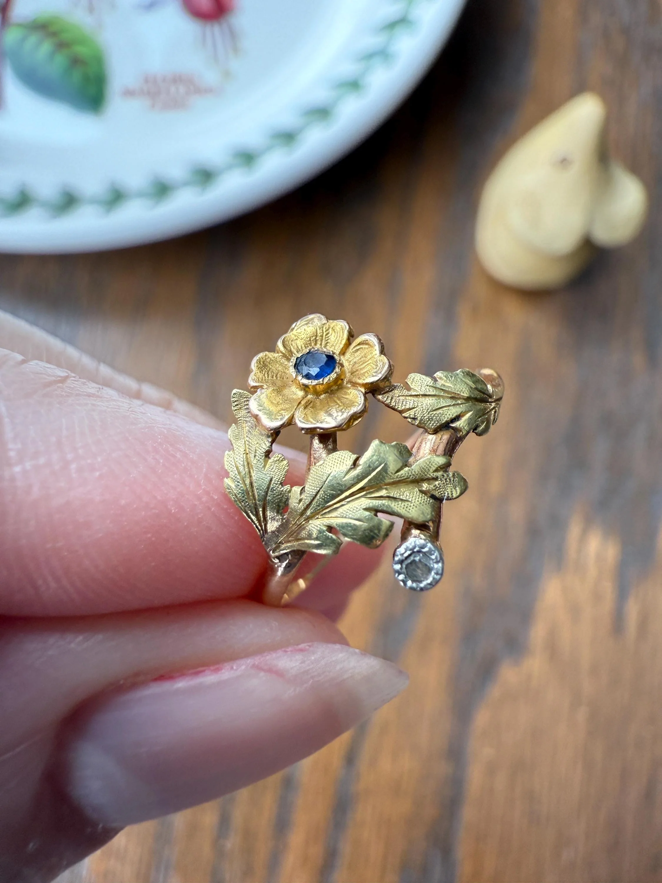 French Antique Belle Epoque Figural Wild ROSE Leaf Tricolor 18k Gold Ring Sapphire Rose Cut Diamond Floral Art Nouveau Gift Flower Stacker - Image 6