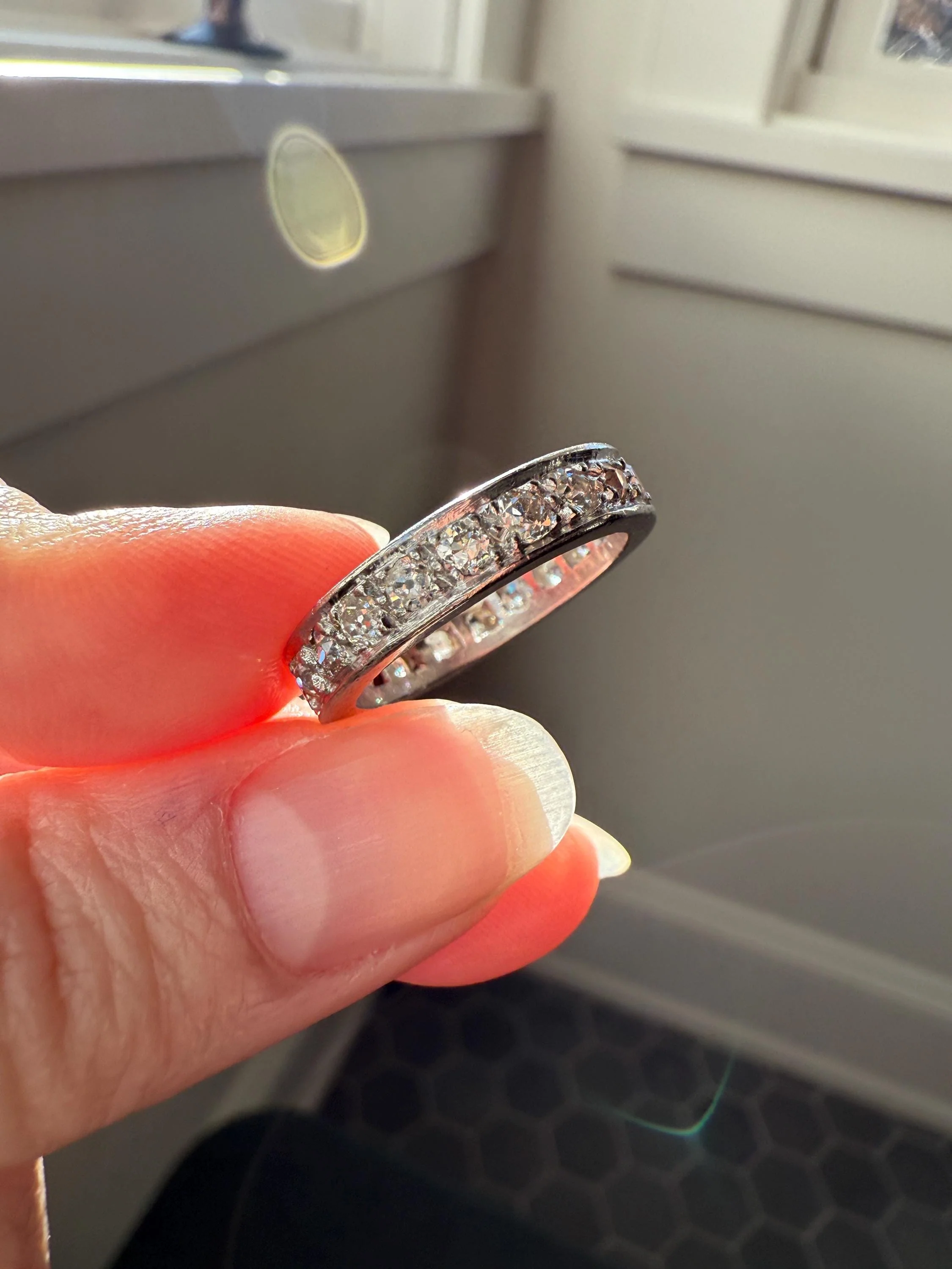 FRENCH Antique Edwardian Art Deco 1.6 Carat 20 Old Mine European Cut DiAMOND Platinum FuLL ETERNITY Band Ring Wedding 1.6Ctw Tdw OMC Stacker - Image 3