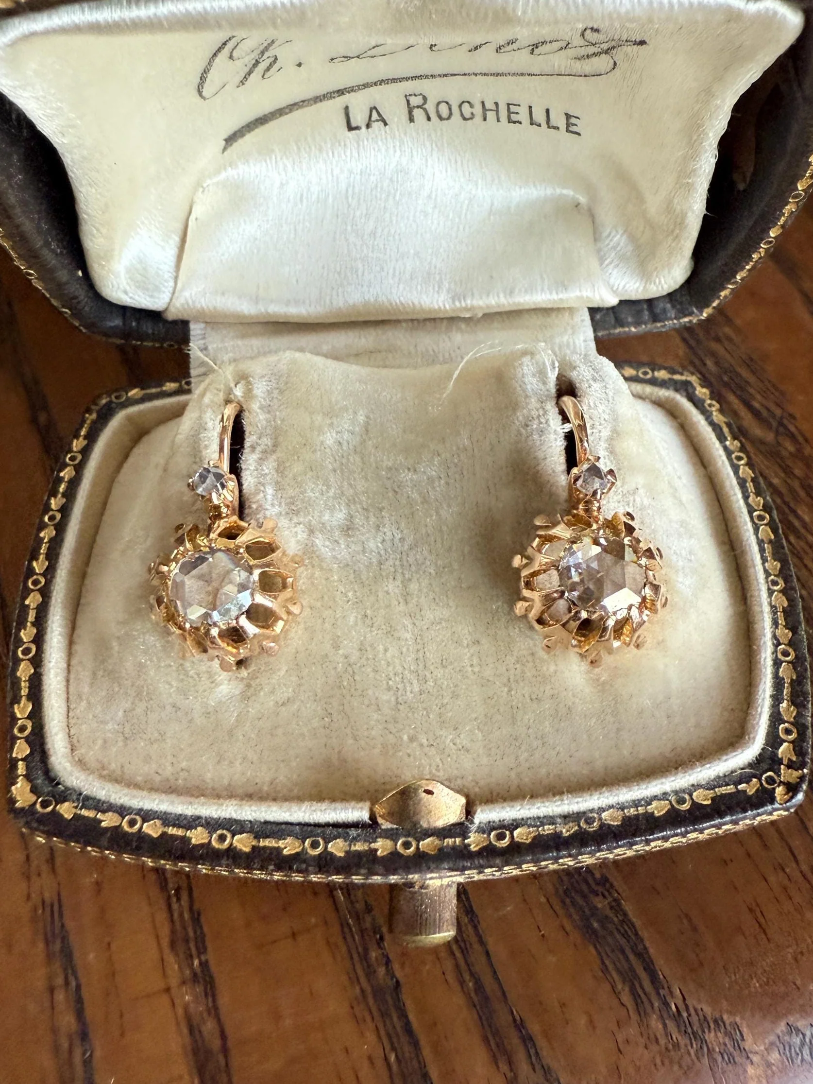 FRENCH Antique Eye Clean 1 Carat Tdw Face Up Open Back Rose Cut DIAMOND Linear Arrow Buttercup Earrings 18k Gold Victorian Dangle Dormeuse