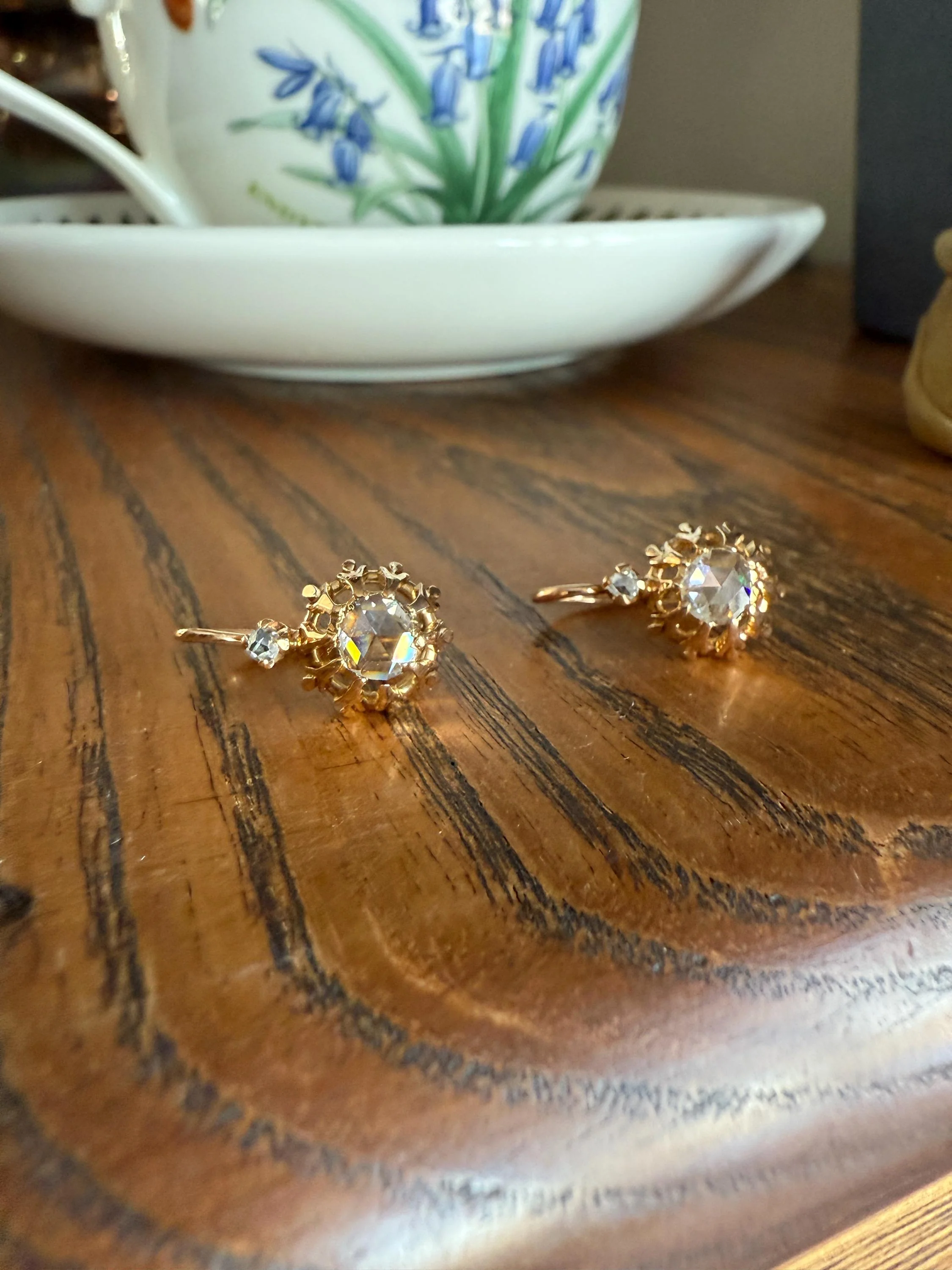 FRENCH Antique Eye Clean 1 Carat Tdw Face Up Open Back Rose Cut DIAMOND Linear Arrow Buttercup Earrings 18k Gold Victorian Dangle Dormeuse - Image 2