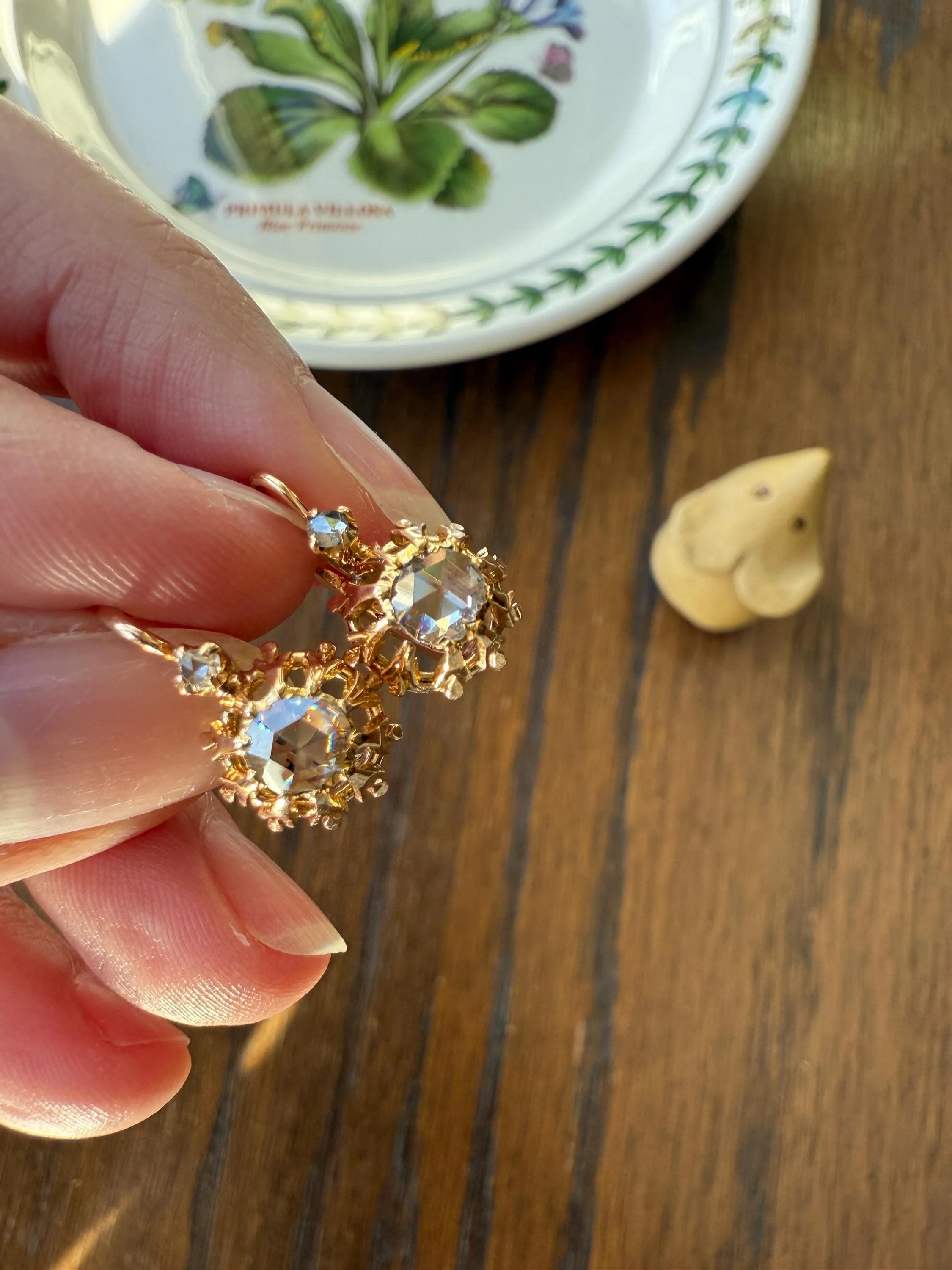 FRENCH Antique Eye Clean 1 Carat Tdw Face Up Open Back Rose Cut DIAMOND Linear Arrow Buttercup Earrings 18k Gold Victorian Dangle Dormeuse - Image 3