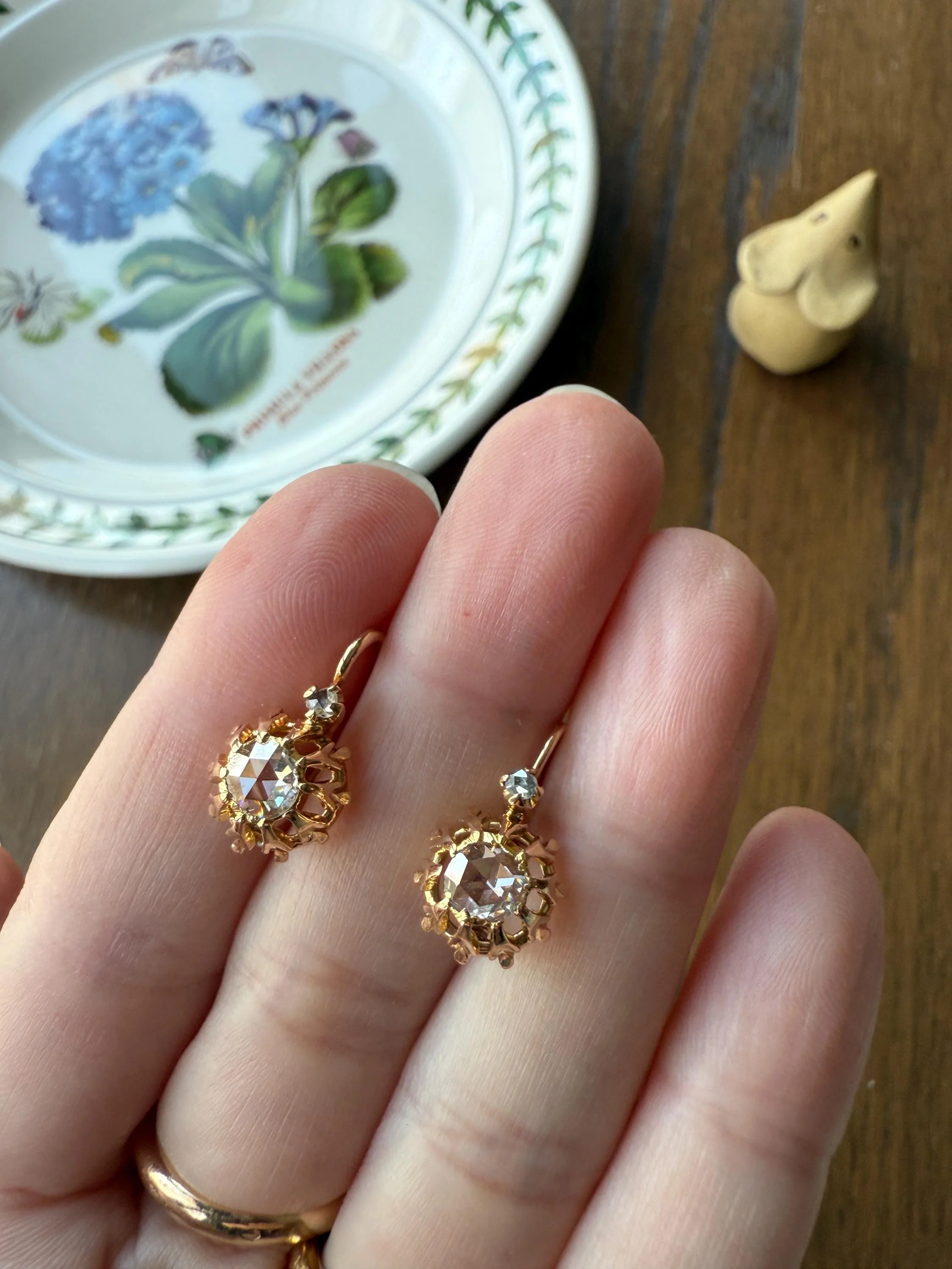FRENCH Antique Eye Clean 1 Carat Tdw Face Up Open Back Rose Cut DIAMOND Linear Arrow Buttercup Earrings 18k Gold Victorian Dangle Dormeuse - Image 5