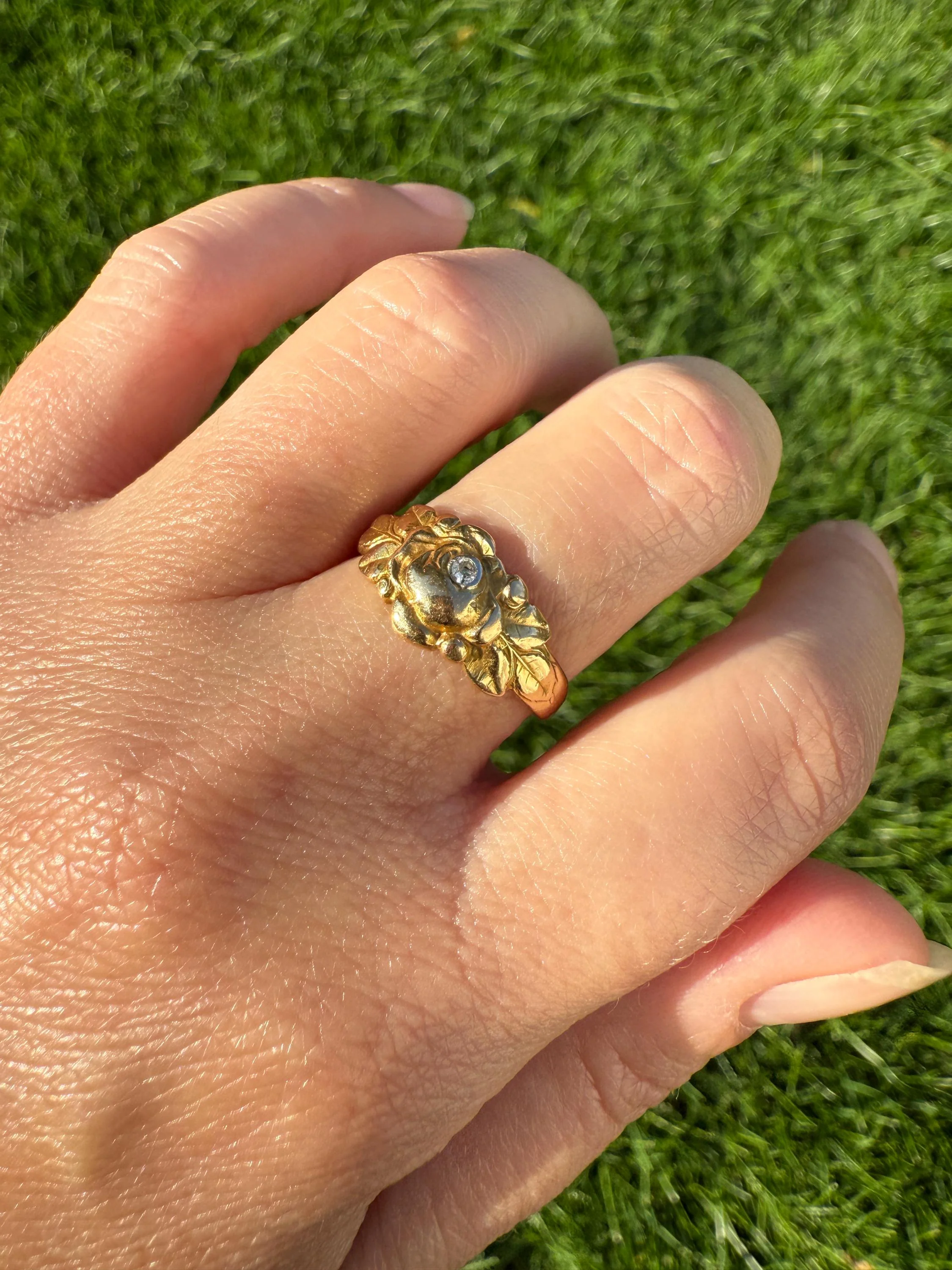 French Antique Figural ROSE Leaf Bud Old Cut Diamond 18k Gold Ring Floral Art Nouveau Belle Epoque - Image 2