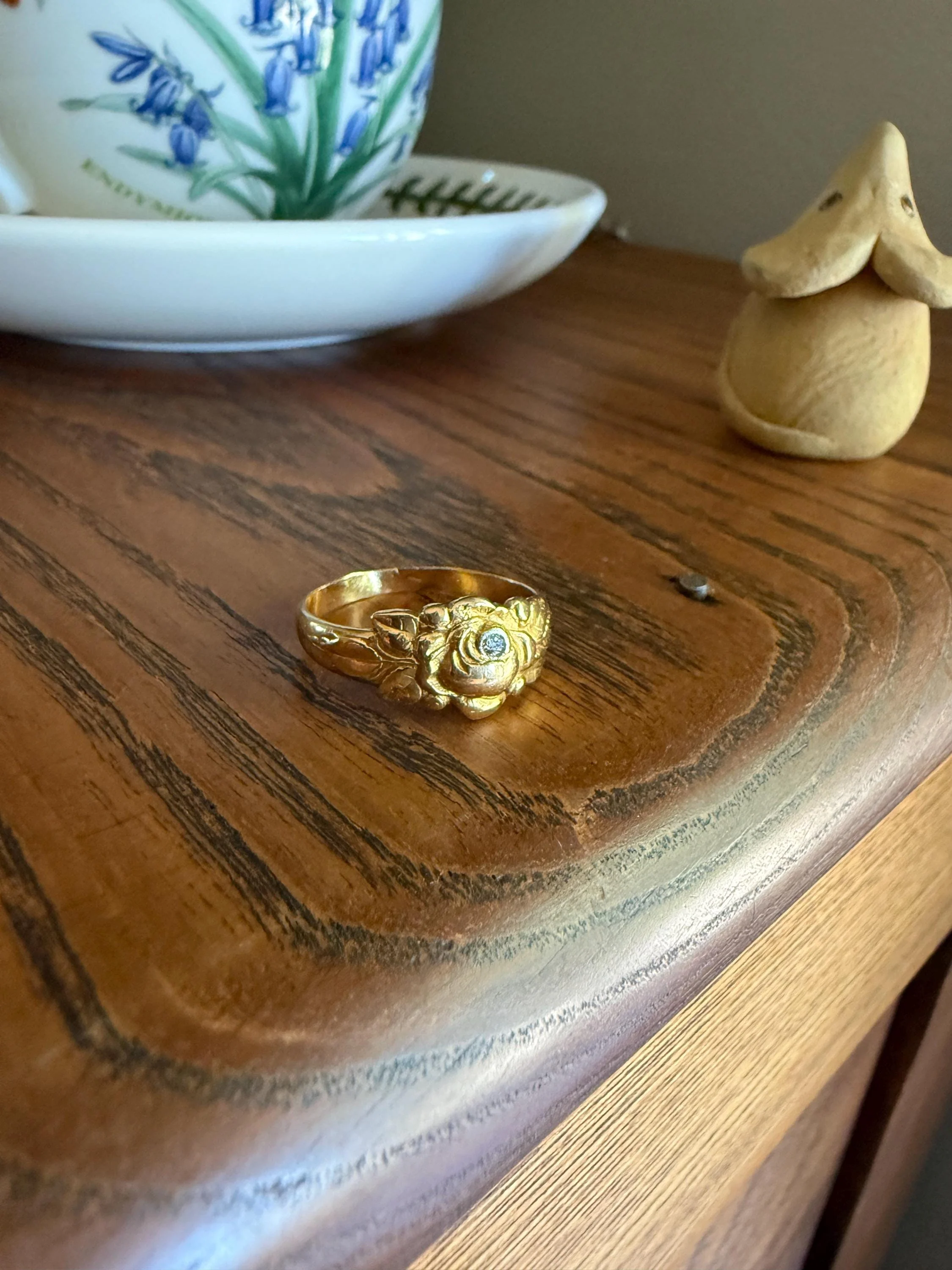 French Antique Figural ROSE Leaf Bud Old Cut Diamond 18k Gold Ring Floral Art Nouveau Belle Epoque - Image 3