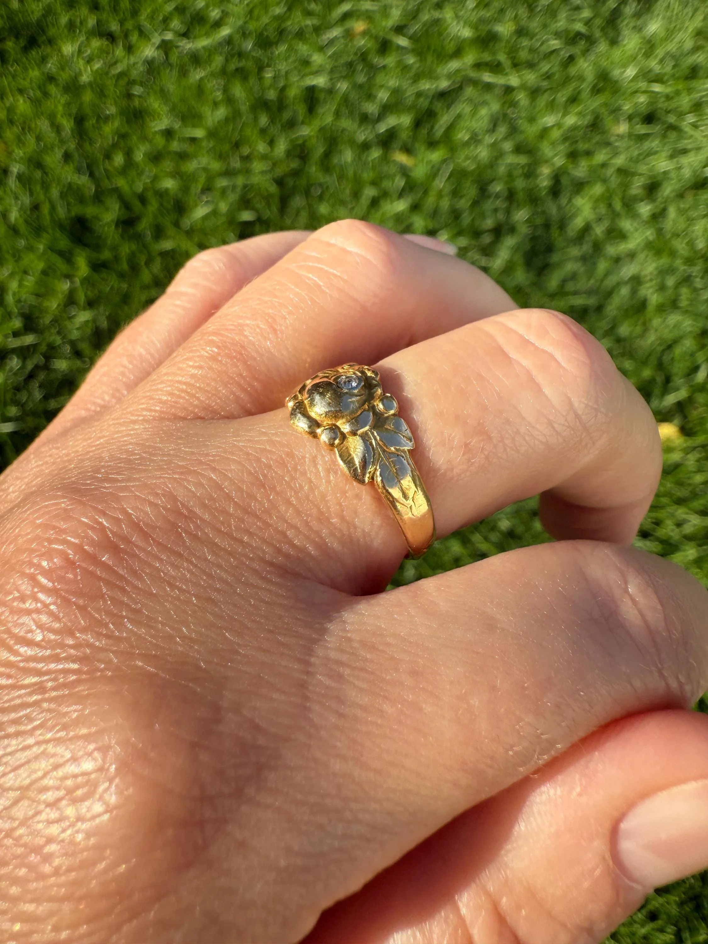 French Antique Figural ROSE Leaf Bud Old Cut Diamond 18k Gold Ring Floral Art Nouveau Belle Epoque - Image 6