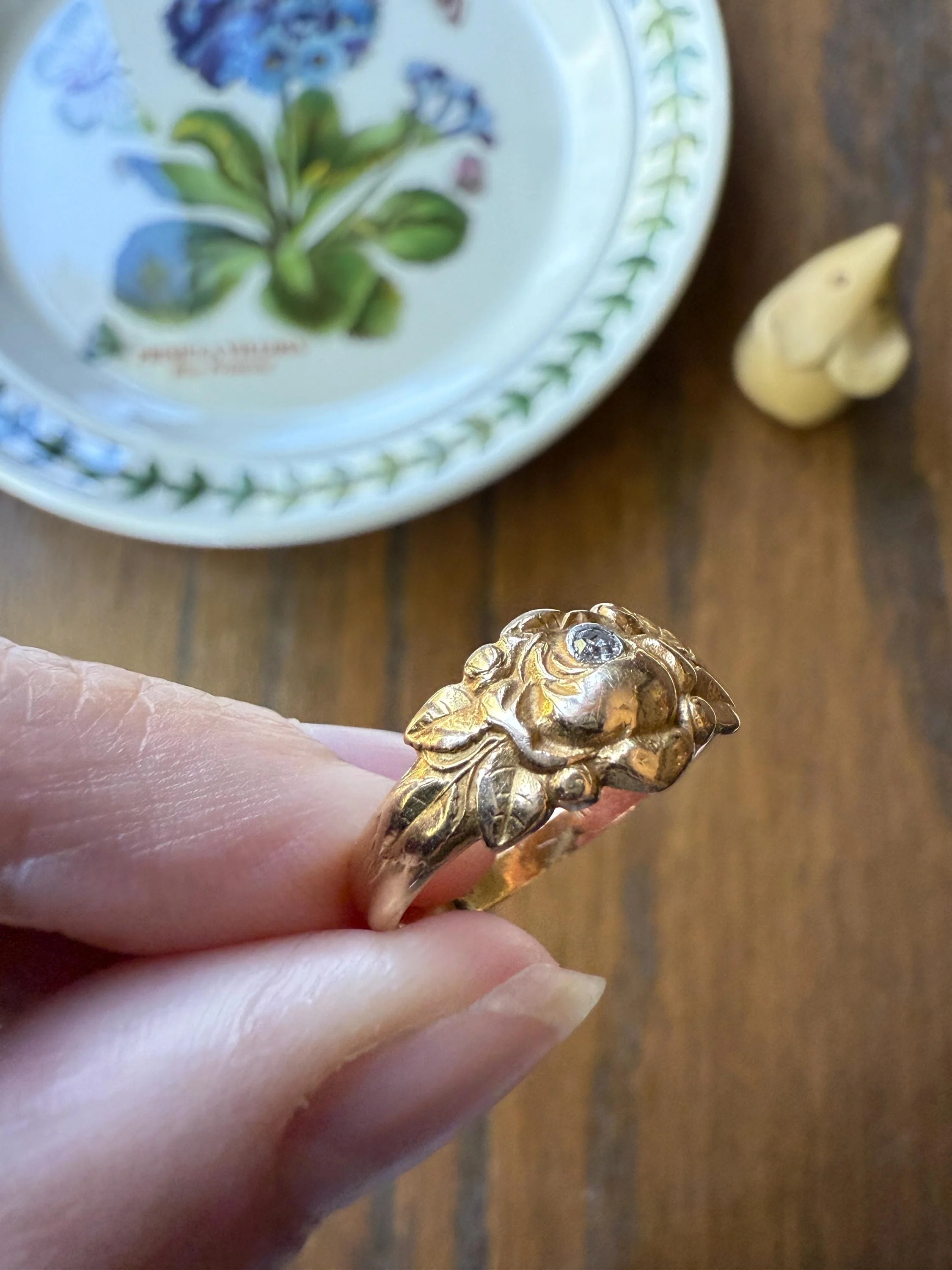 French Antique Figural ROSE Leaf Bud Old Cut Diamond 18k Gold Ring Floral Art Nouveau Belle Epoque - Image 7