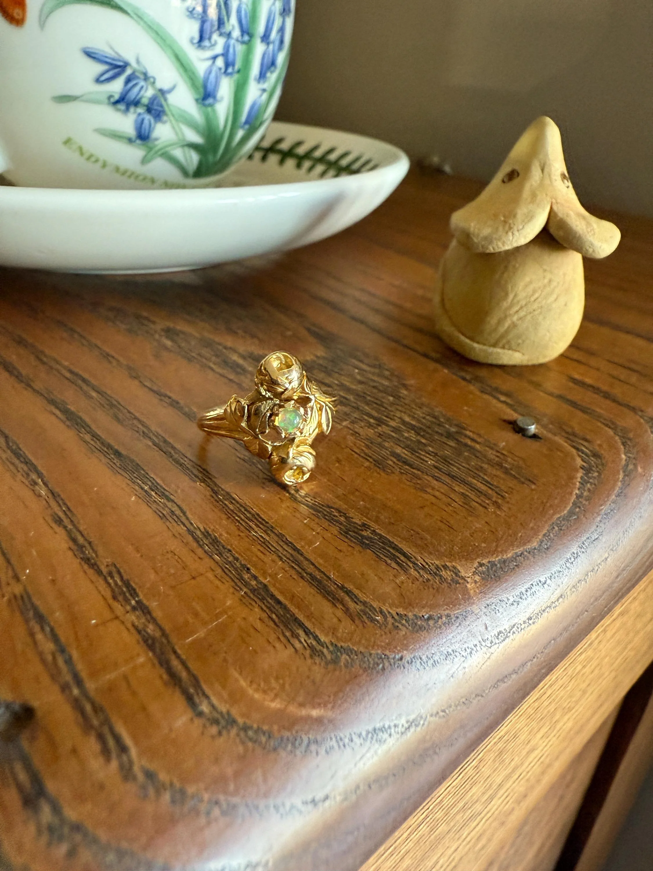 French Antique Figural ROSE Leaf Bud Opal 18k Gold Ring Floral Art Nouveau Belle Epoque Romantic Gift Flower Sweet Stacker - Image 10