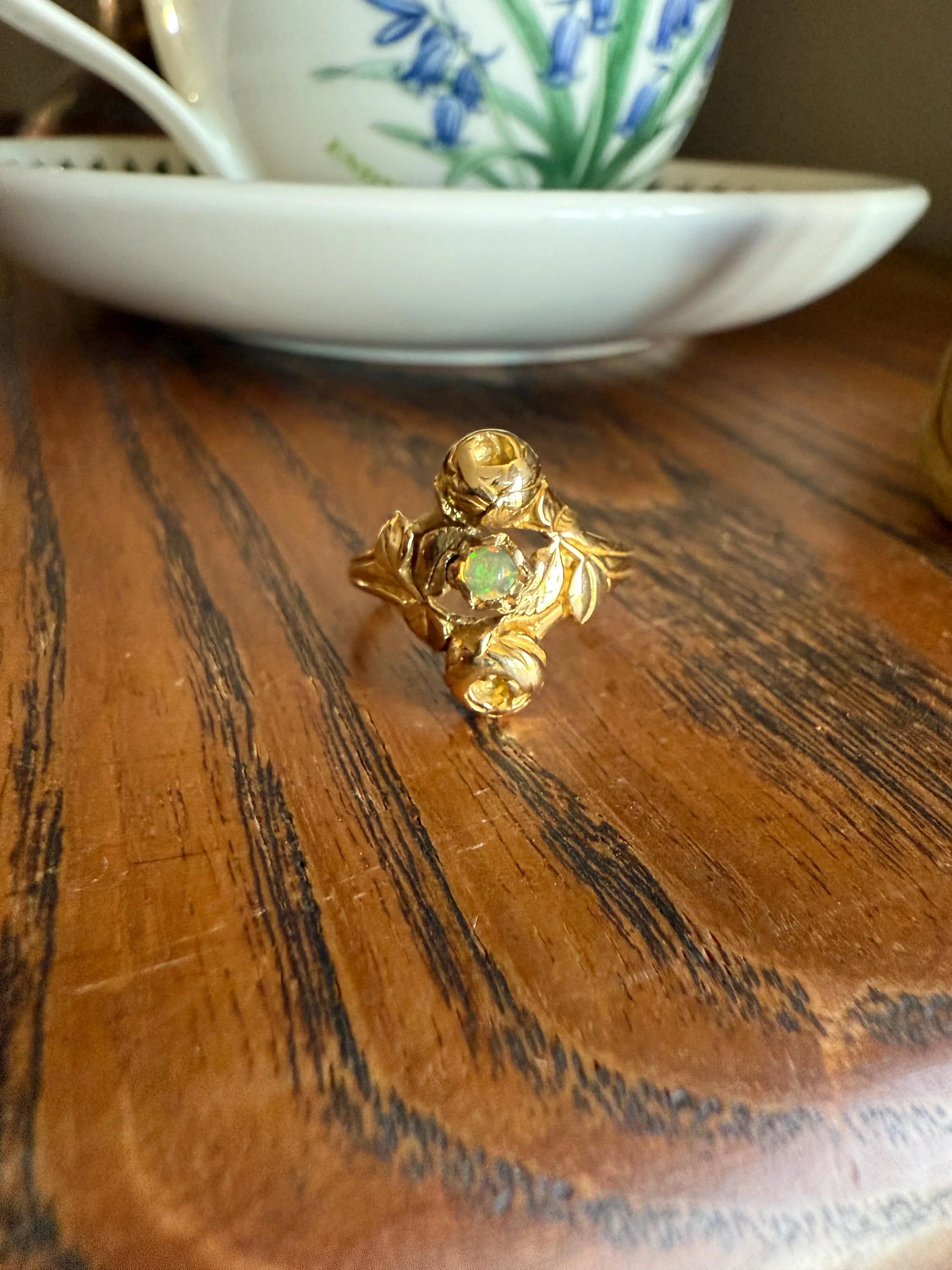 French Antique Figural ROSE Leaf Bud Opal 18k Gold Ring Floral Art Nouveau Belle Epoque Romantic Gift Flower Sweet Stacker - Image 12
