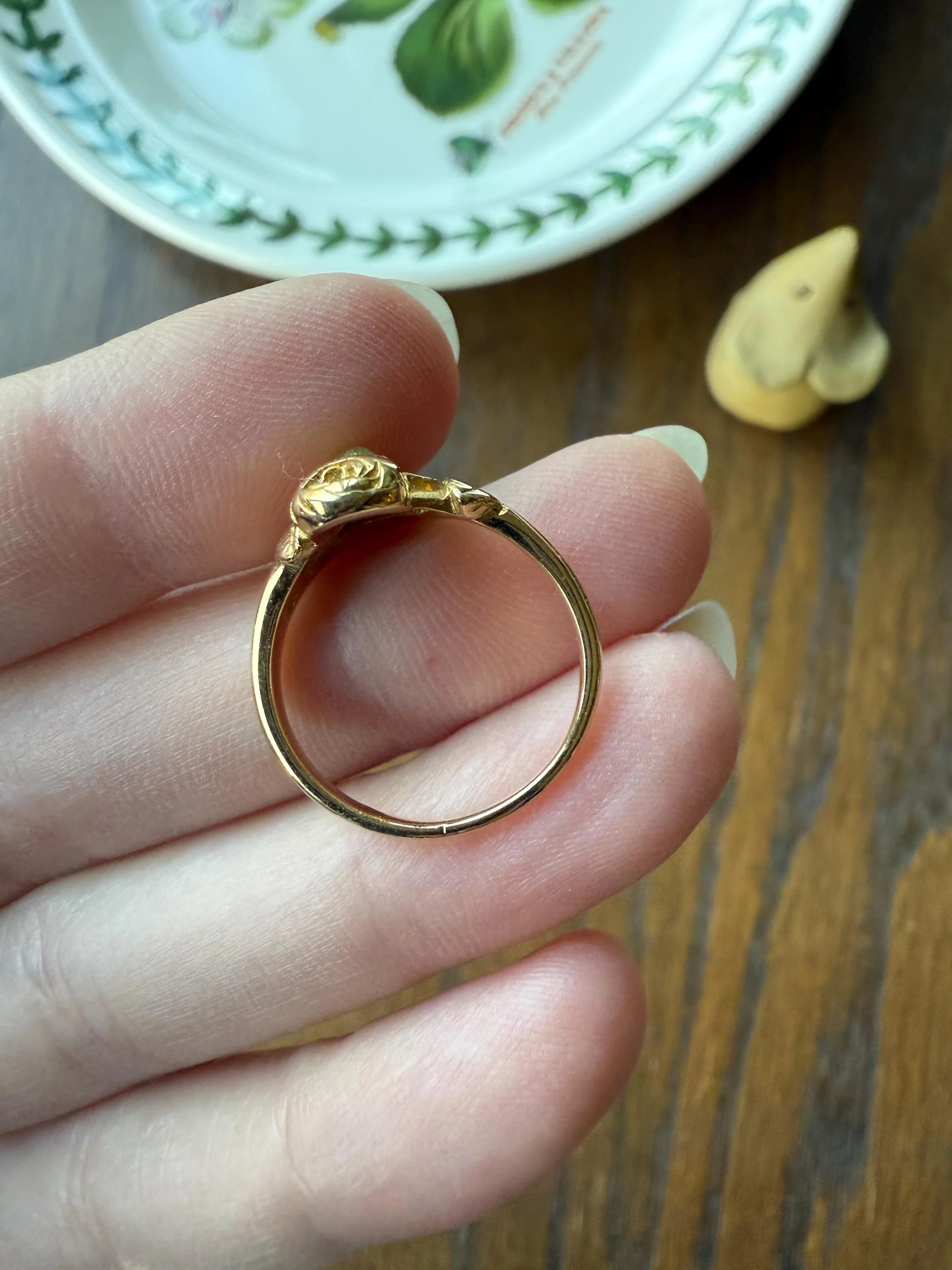 French Antique Figural ROSE Leaf Bud Opal 18k Gold Ring Floral Art Nouveau Belle Epoque Romantic Gift Flower Sweet Stacker - Image 13