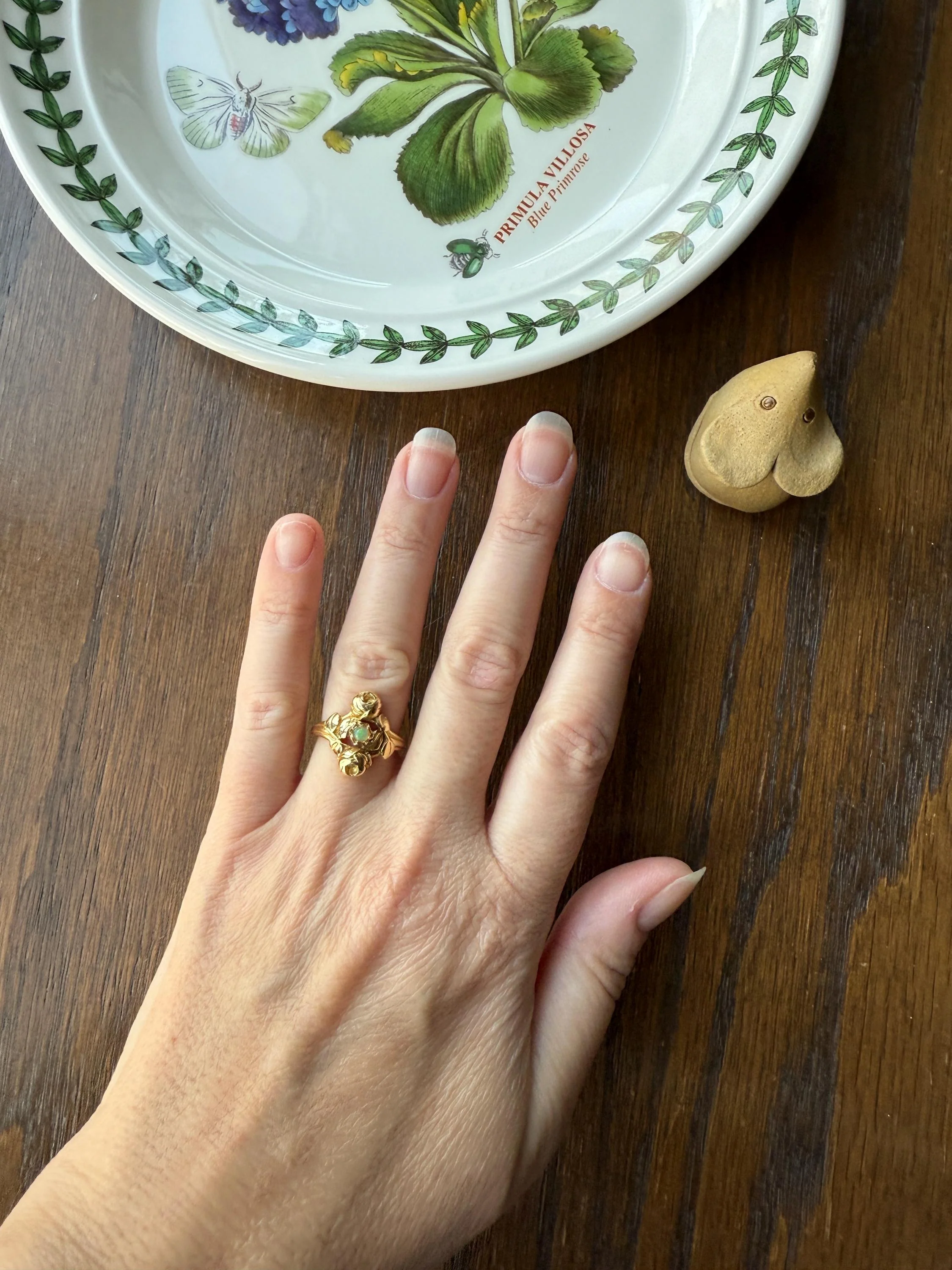 French Antique Figural ROSE Leaf Bud Opal 18k Gold Ring Floral Art Nouveau Belle Epoque Romantic Gift Flower Sweet Stacker - Image 5