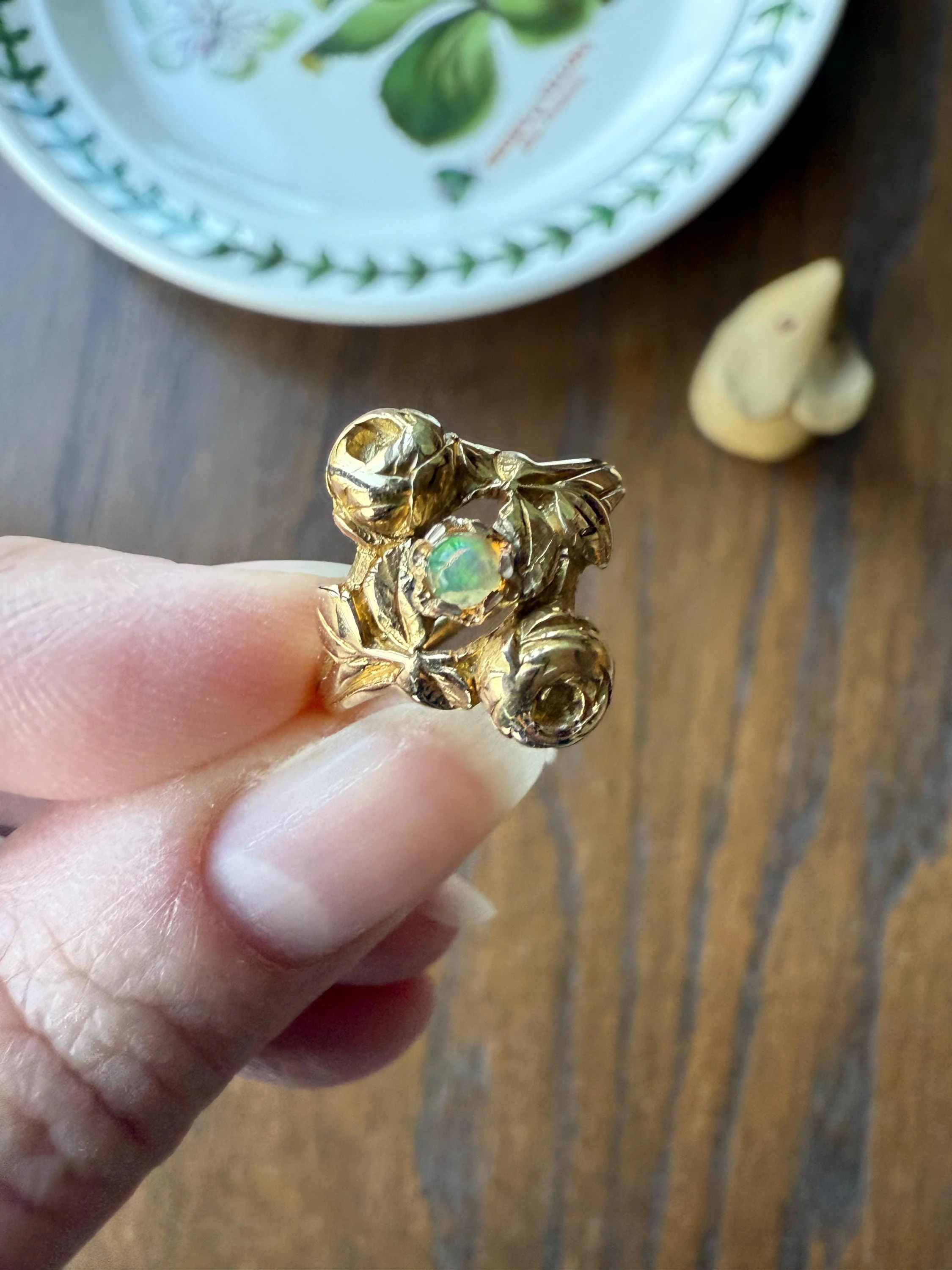 French Antique Figural ROSE Leaf Bud Opal 18k Gold Ring Floral Art Nouveau Belle Epoque Romantic Gift Flower Sweet Stacker - Image 8
