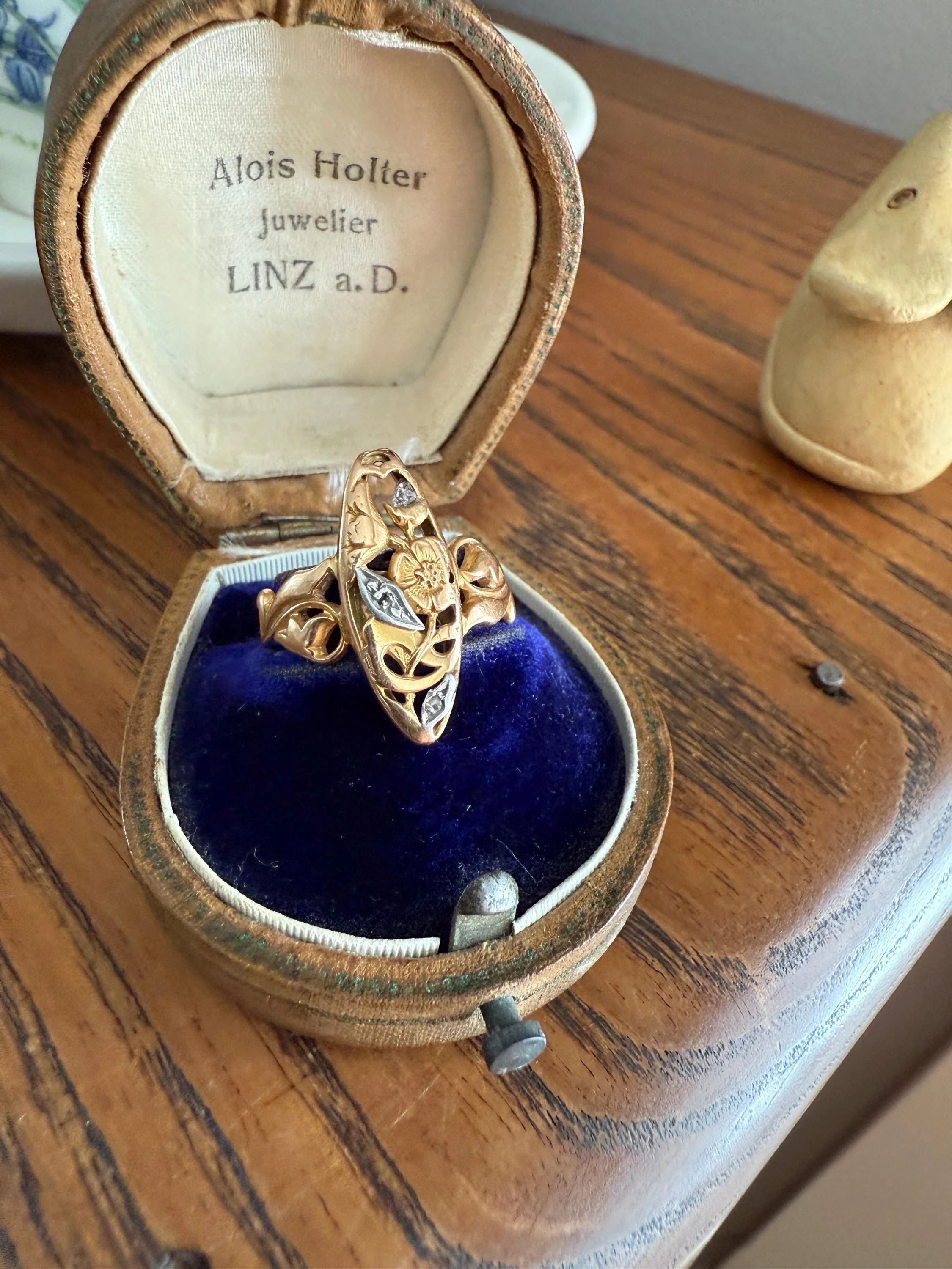 FRENCH Antique FLORAL Navette Ring 18k Rose Gold Art Nouveau Victorian Rose Cut DIAMONDs Belle Epoque Romantic Gift Stacker - Image 10