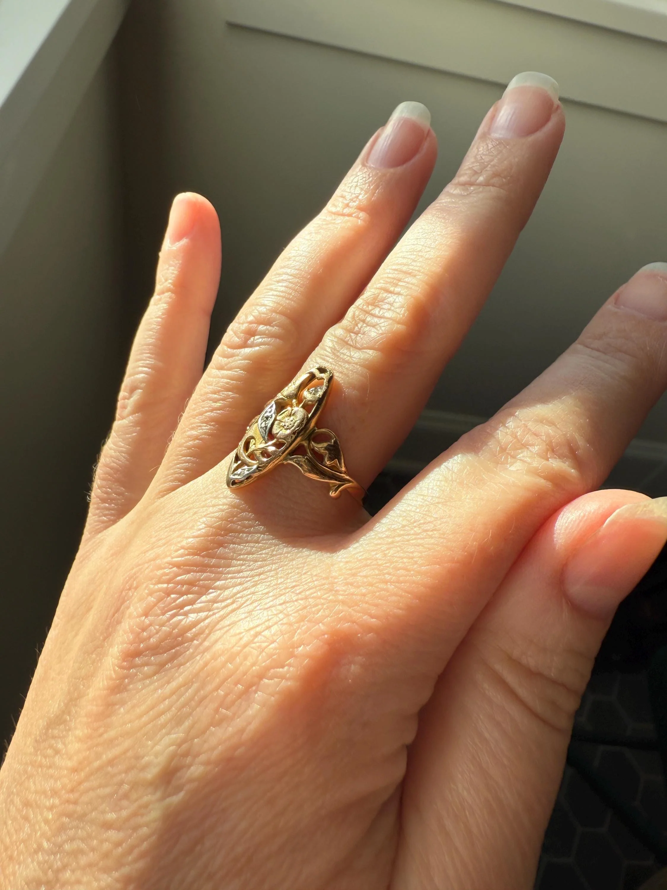 FRENCH Antique FLORAL Navette Ring 18k Rose Gold Art Nouveau Victorian Rose Cut DIAMONDs Belle Epoque Romantic Gift Stacker - Image 11