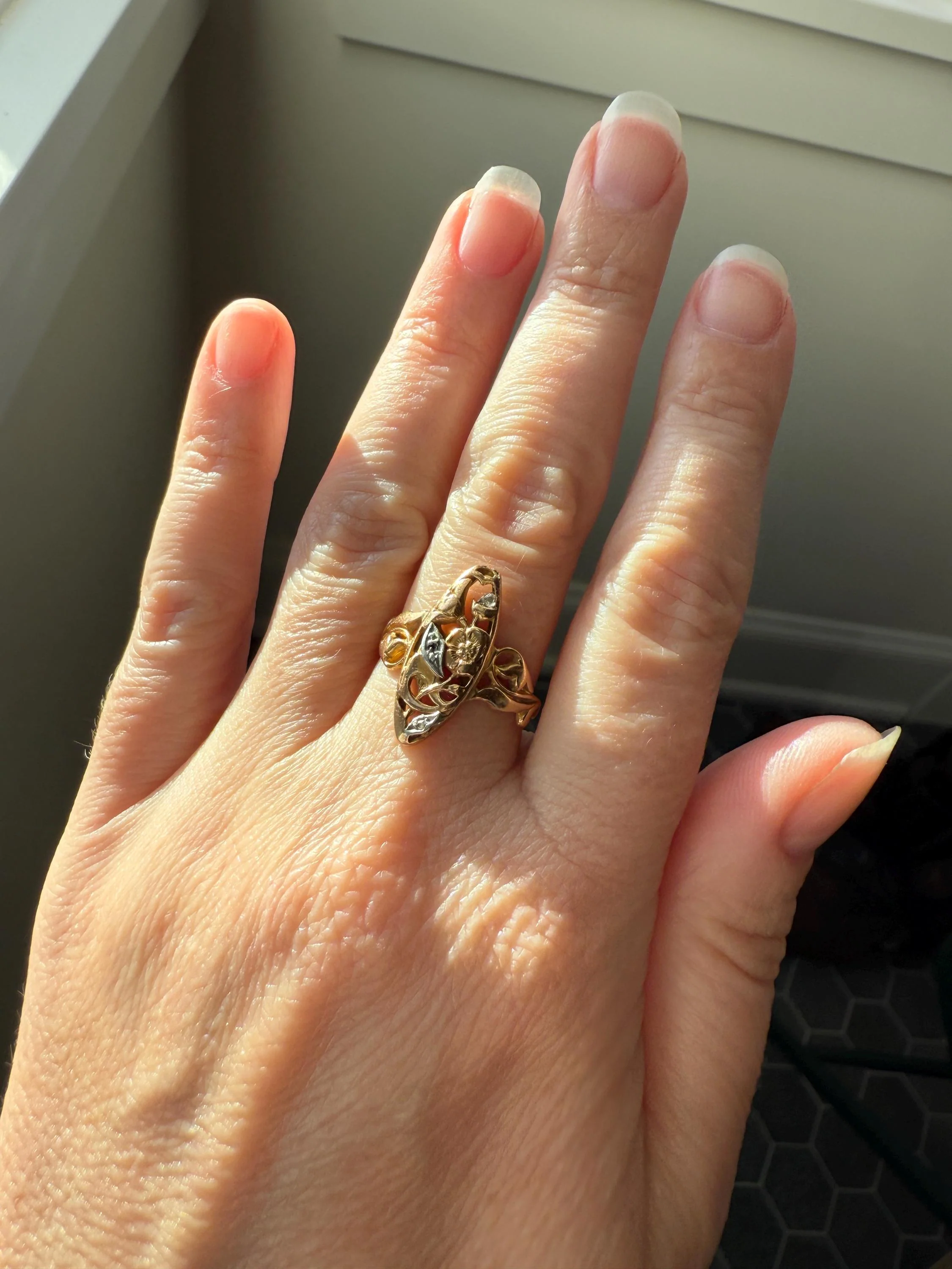 FRENCH Antique FLORAL Navette Ring 18k Rose Gold Art Nouveau Victorian Rose Cut DIAMONDs Belle Epoque Romantic Gift Stacker - Image 13
