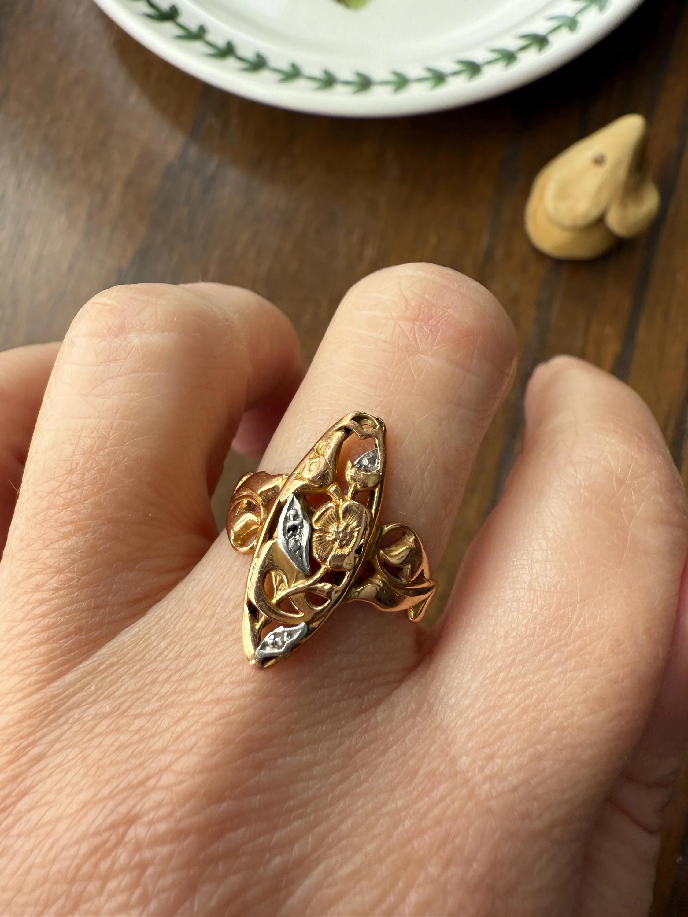 FRENCH Antique FLORAL Navette Ring 18k Rose Gold Art Nouveau Victorian Rose Cut DIAMONDs Belle Epoque Romantic Gift Stacker - Image 14