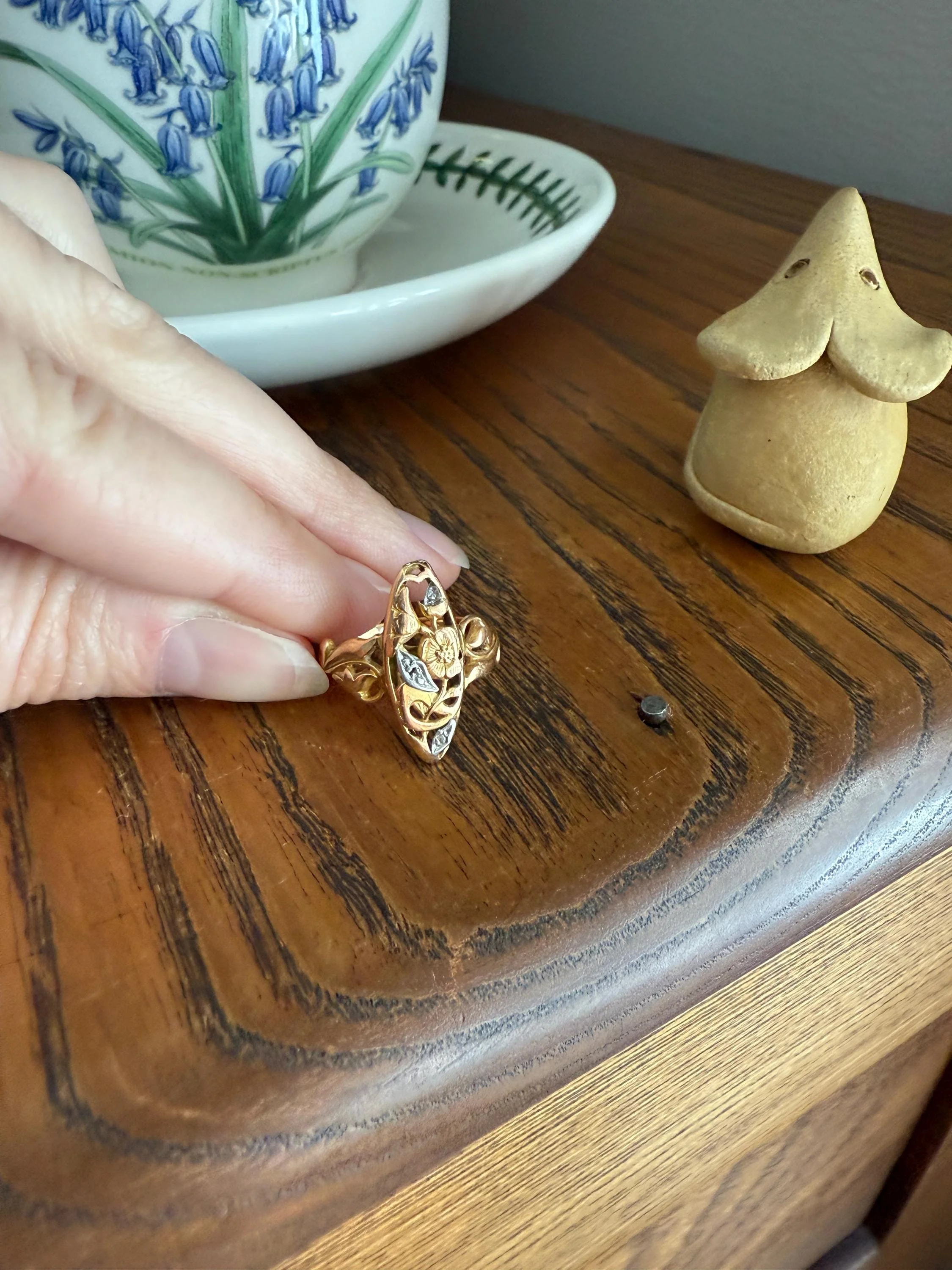 FRENCH Antique FLORAL Navette Ring 18k Rose Gold Art Nouveau Victorian Rose Cut DIAMONDs Belle Epoque Romantic Gift Stacker - Image 16