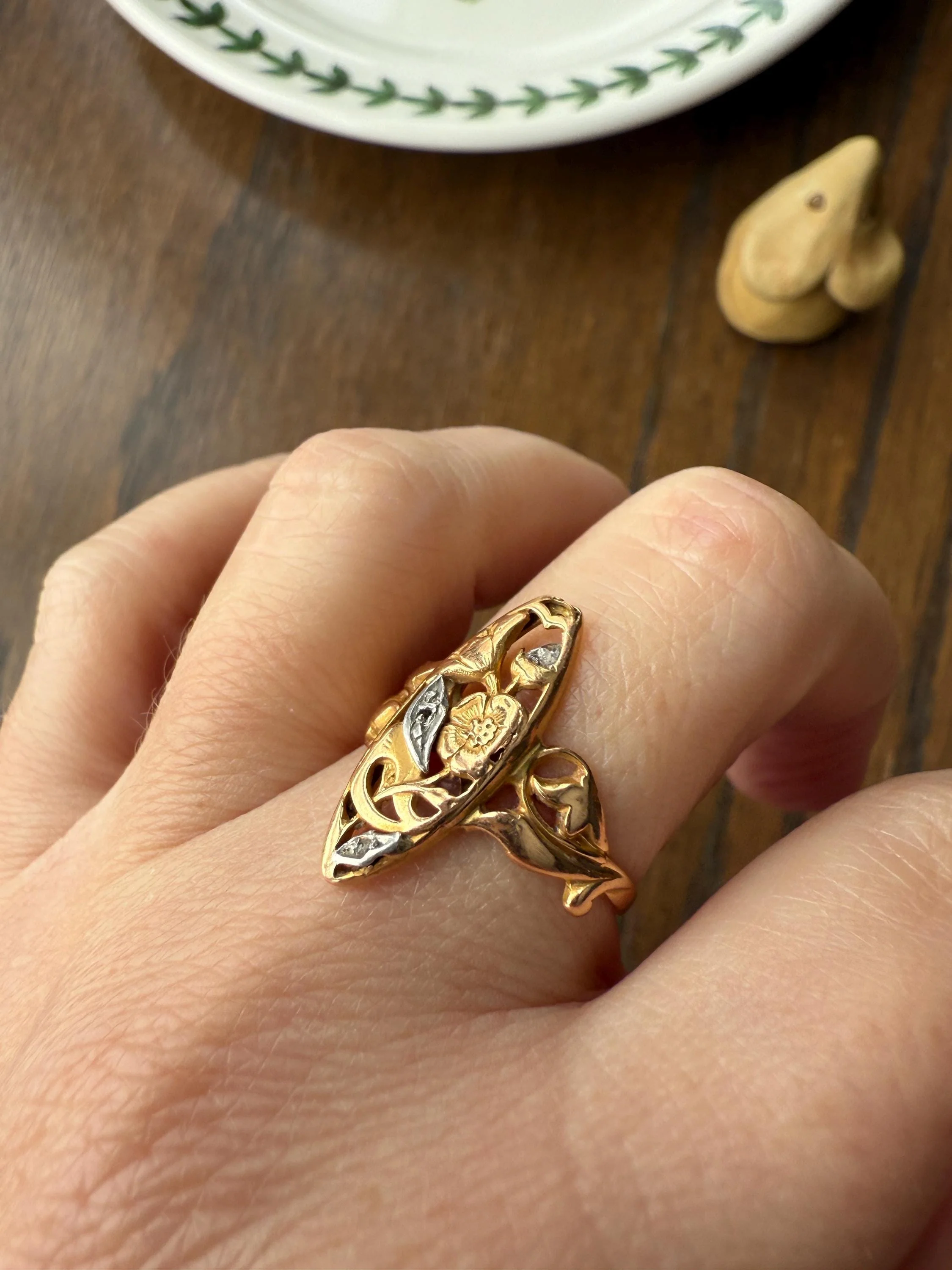 FRENCH Antique FLORAL Navette Ring 18k Rose Gold Art Nouveau Victorian Rose Cut DIAMONDs Belle Epoque Romantic Gift Stacker - Image 2