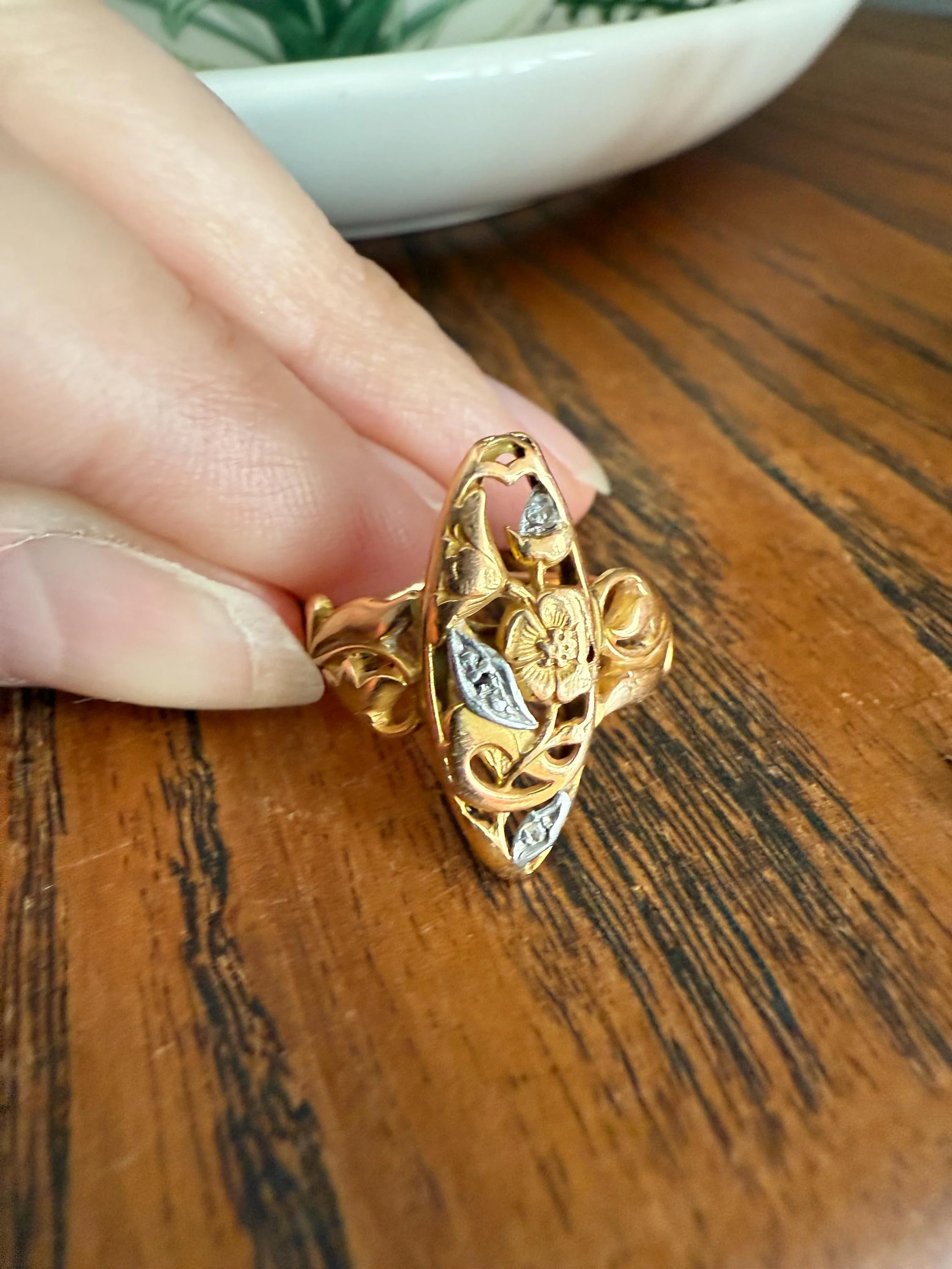 FRENCH Antique FLORAL Navette Ring 18k Rose Gold Art Nouveau Victorian Rose Cut DIAMONDs Belle Epoque Romantic Gift Stacker - Image 3