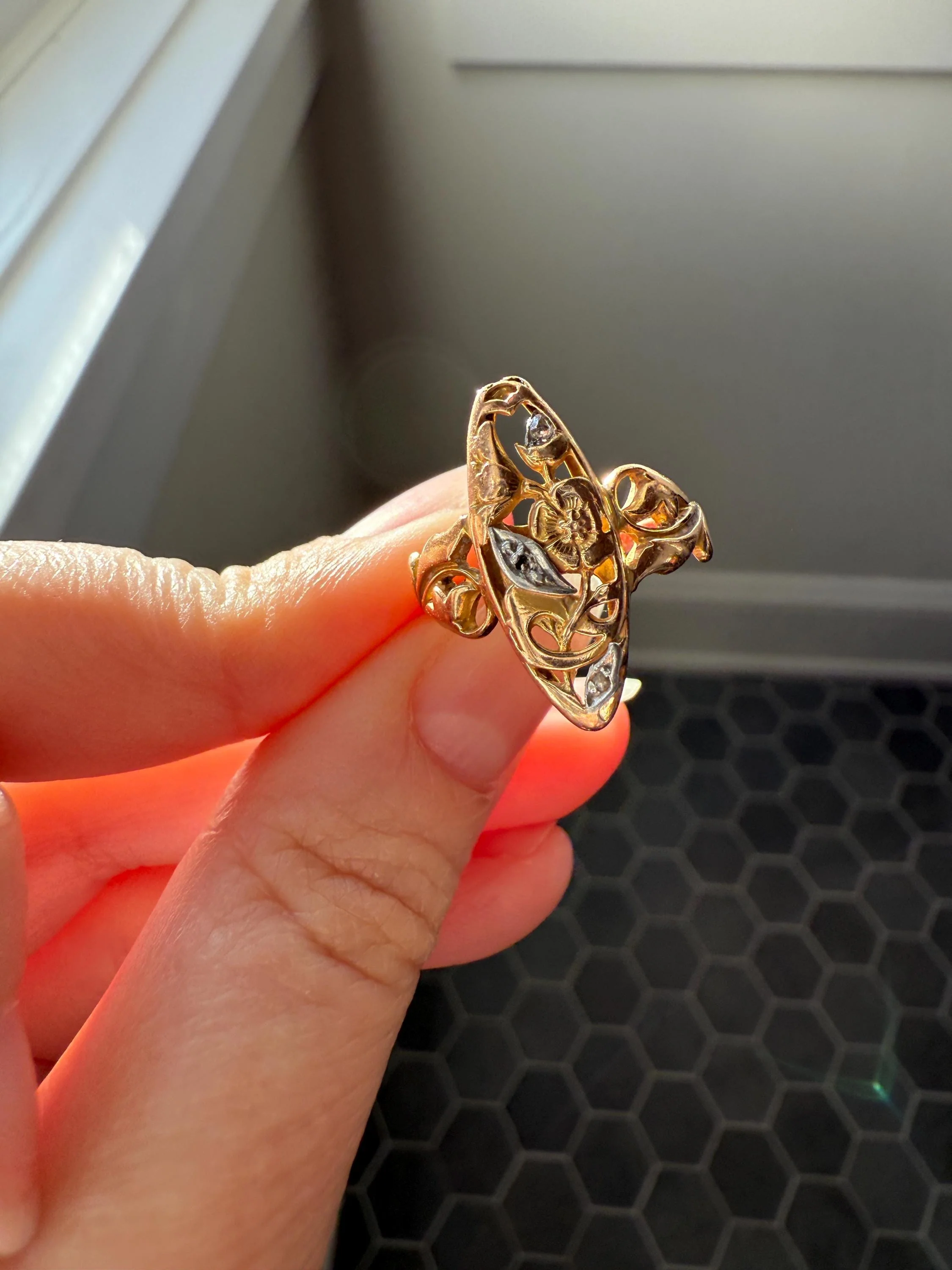FRENCH Antique FLORAL Navette Ring 18k Rose Gold Art Nouveau Victorian Rose Cut DIAMONDs Belle Epoque Romantic Gift Stacker - Image 4