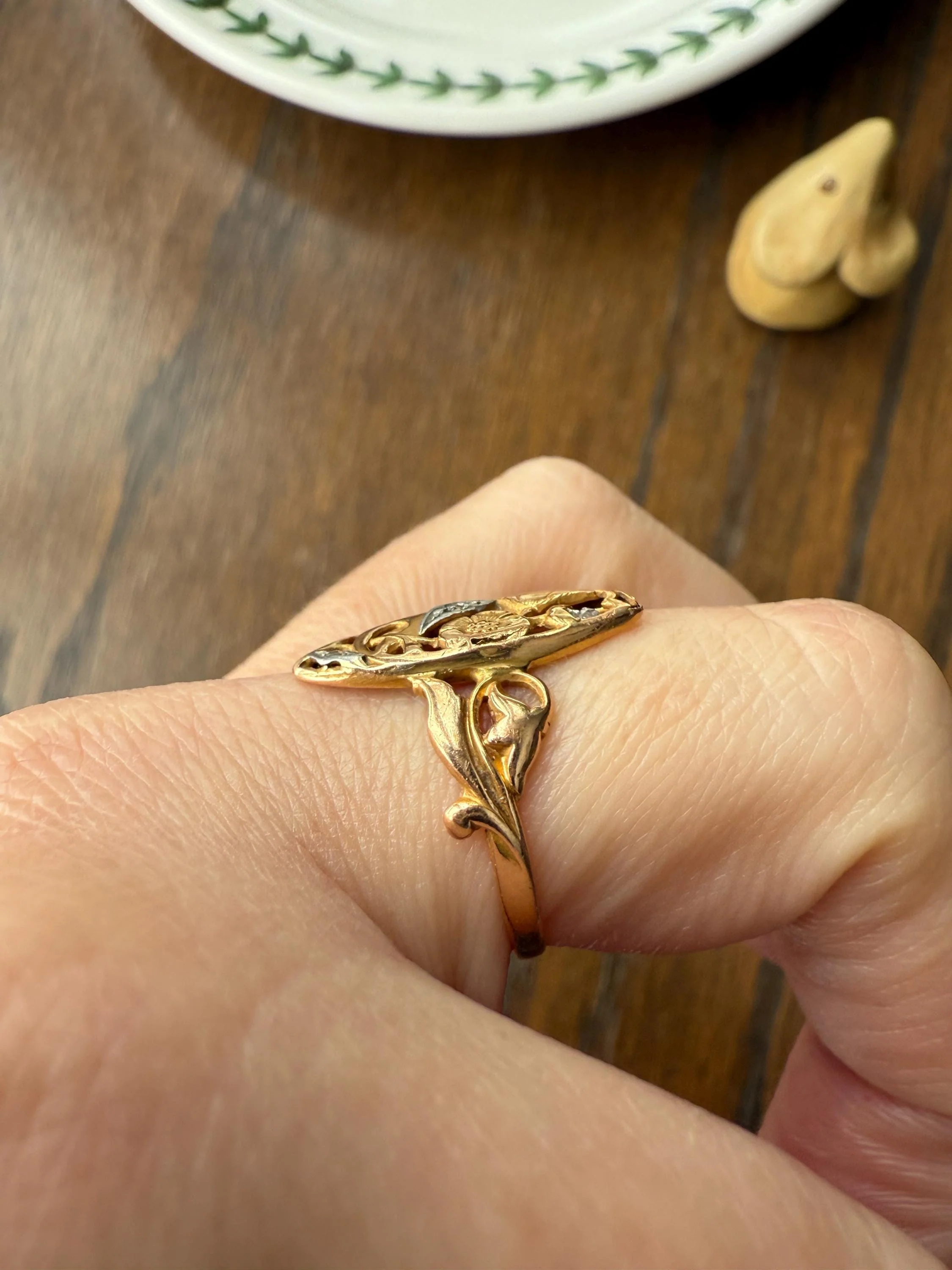 FRENCH Antique FLORAL Navette Ring 18k Rose Gold Art Nouveau Victorian Rose Cut DIAMONDs Belle Epoque Romantic Gift Stacker - Image 5