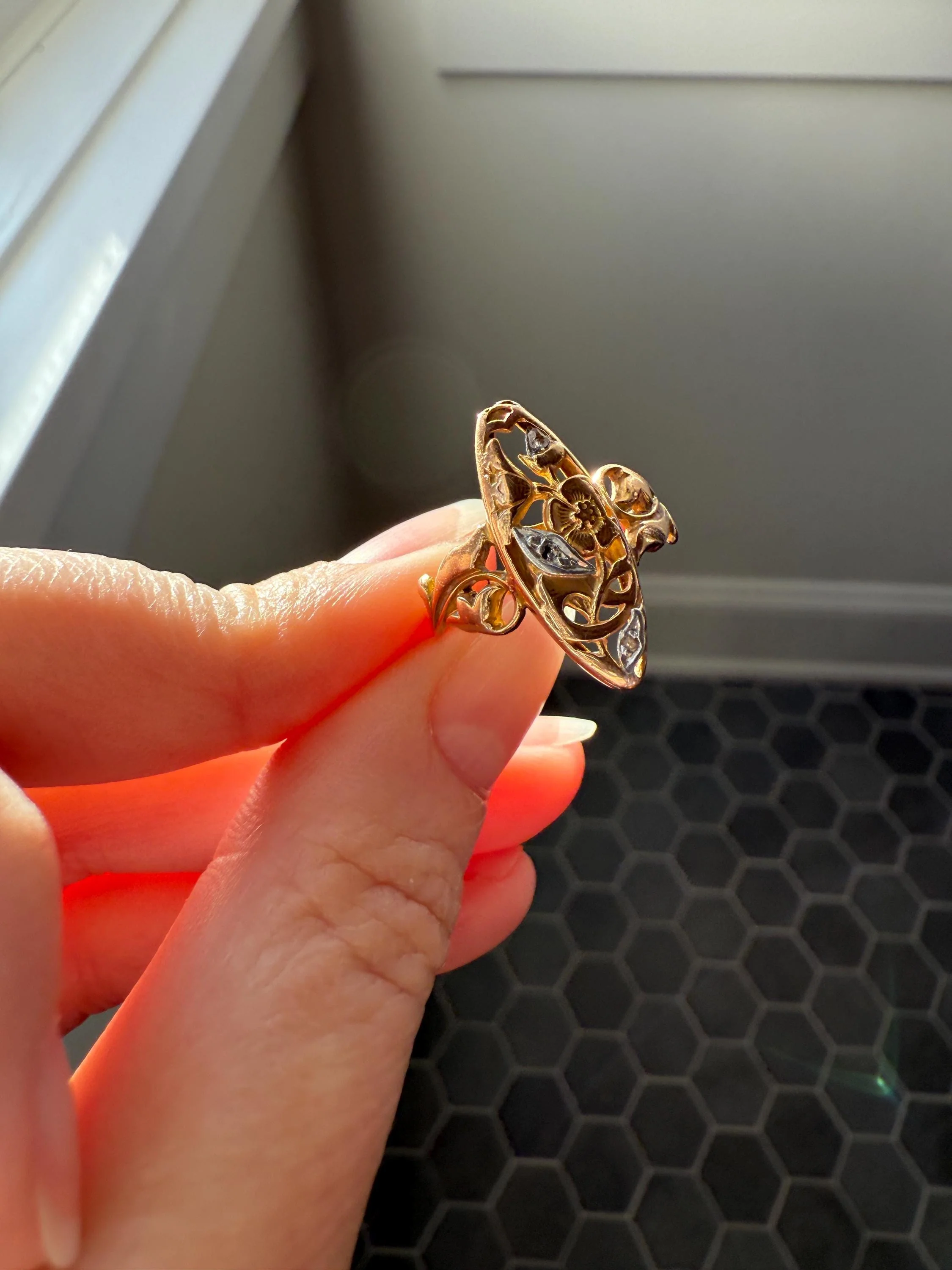 FRENCH Antique FLORAL Navette Ring 18k Rose Gold Art Nouveau Victorian Rose Cut DIAMONDs Belle Epoque Romantic Gift Stacker - Image 6