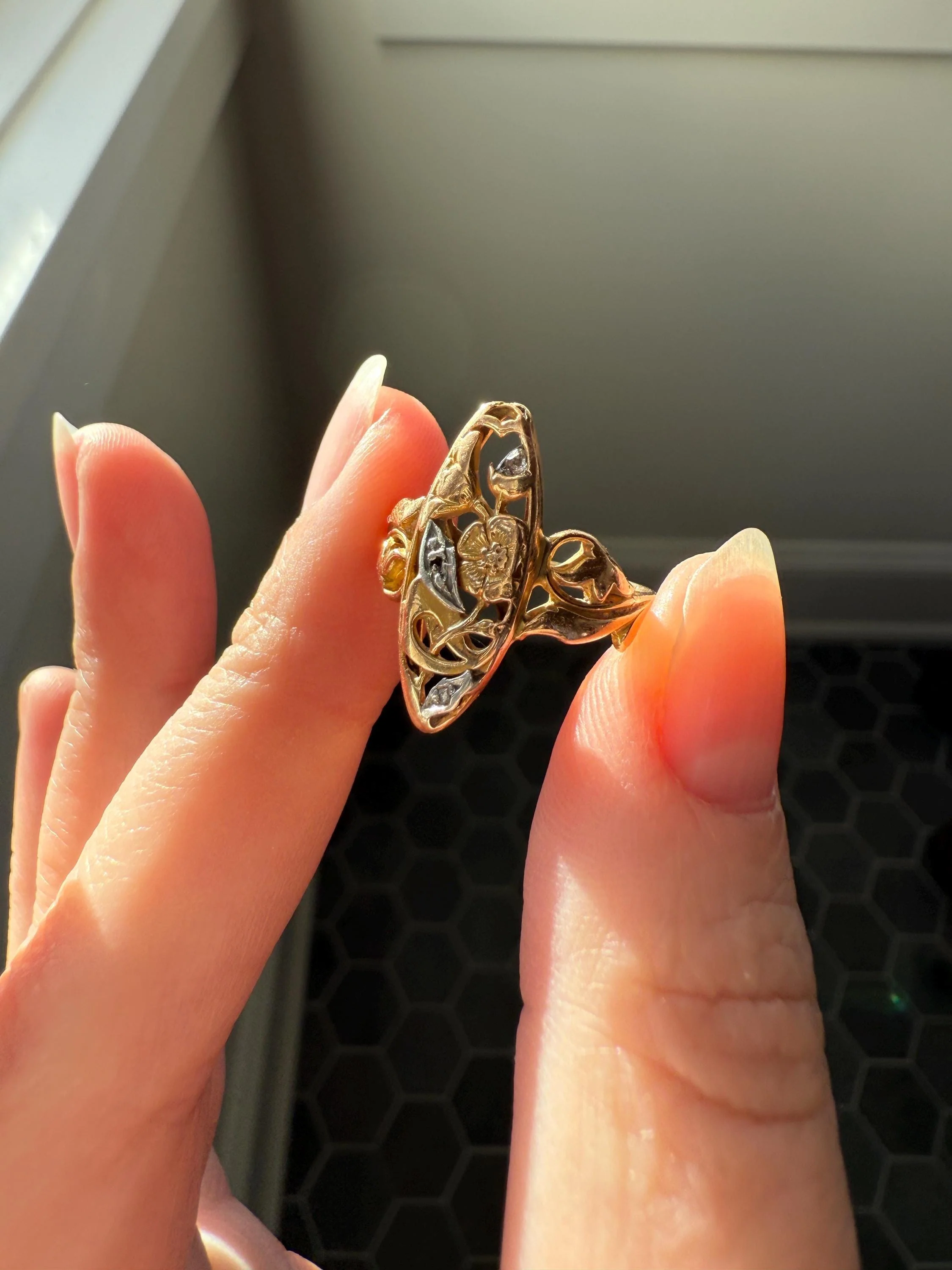 FRENCH Antique FLORAL Navette Ring 18k Rose Gold Art Nouveau Victorian Rose Cut DIAMONDs Belle Epoque Romantic Gift Stacker - Image 7
