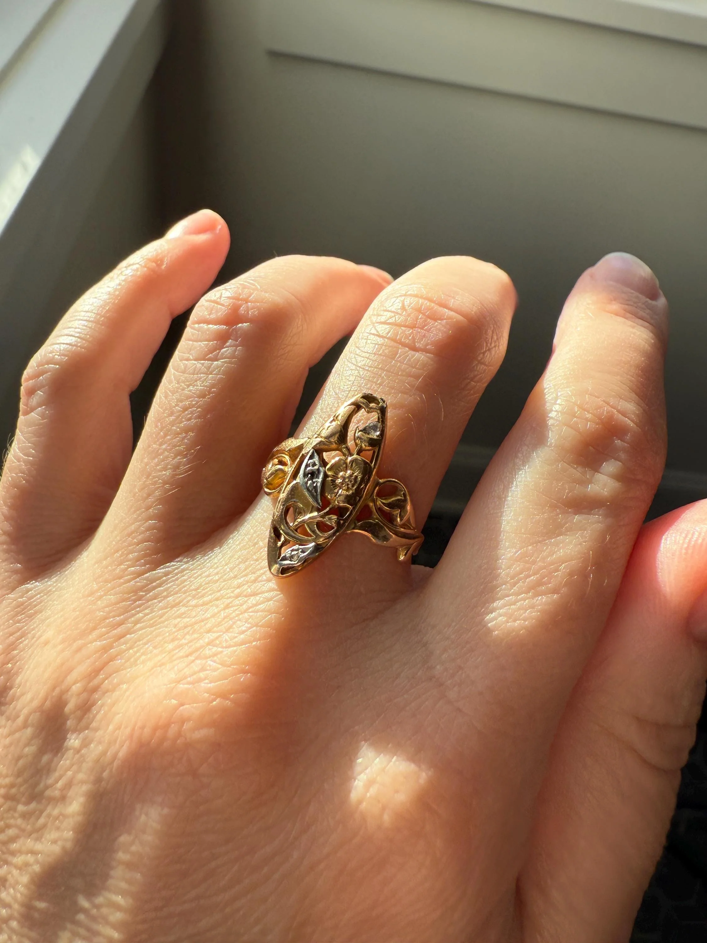 FRENCH Antique FLORAL Navette Ring 18k Rose Gold Art Nouveau Victorian Rose Cut DIAMONDs Belle Epoque Romantic Gift Stacker - Image 8