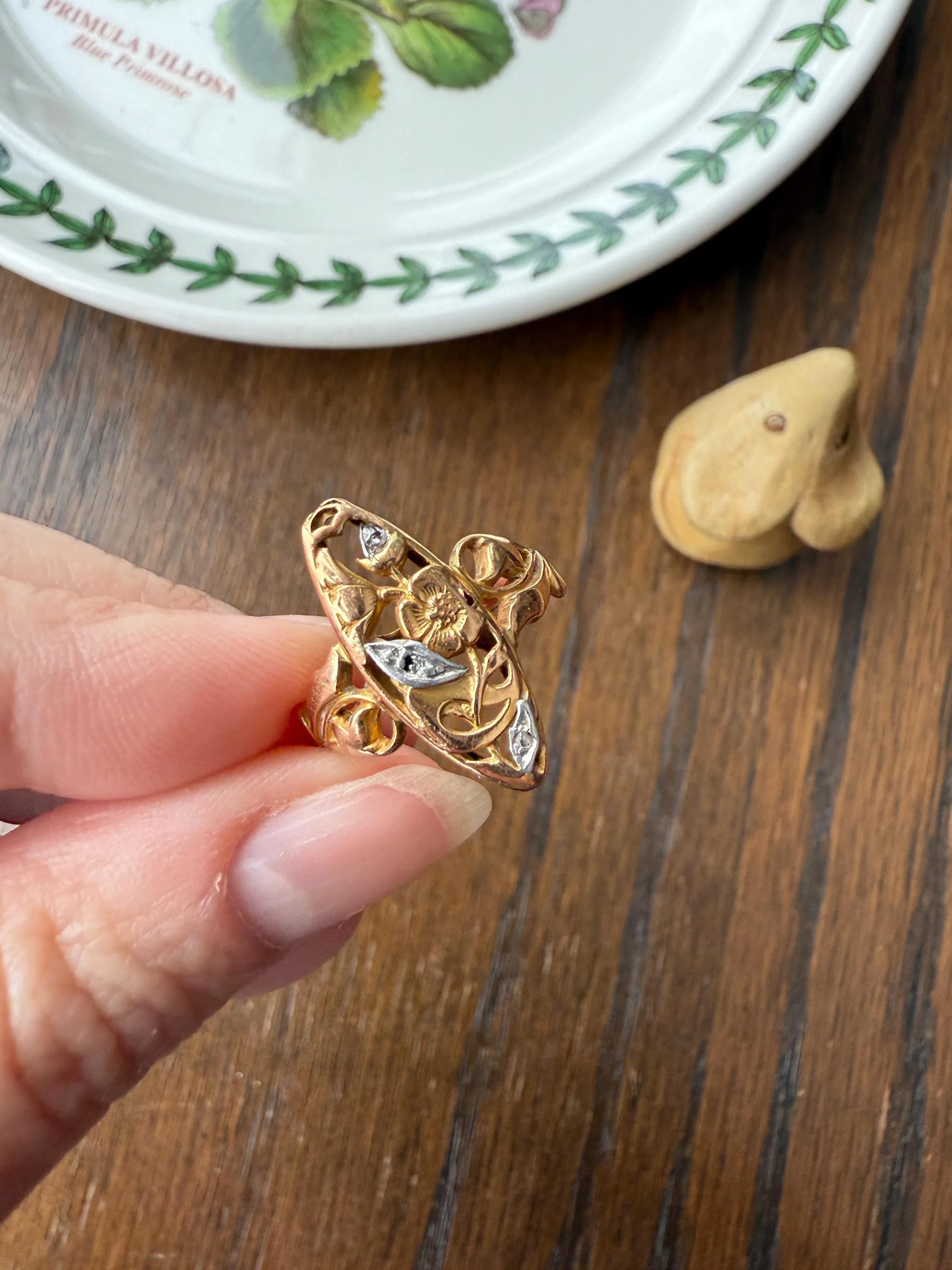 FRENCH Antique FLORAL Navette Ring 18k Rose Gold Art Nouveau Victorian Rose Cut DIAMONDs Belle Epoque Romantic Gift Stacker - Image 9