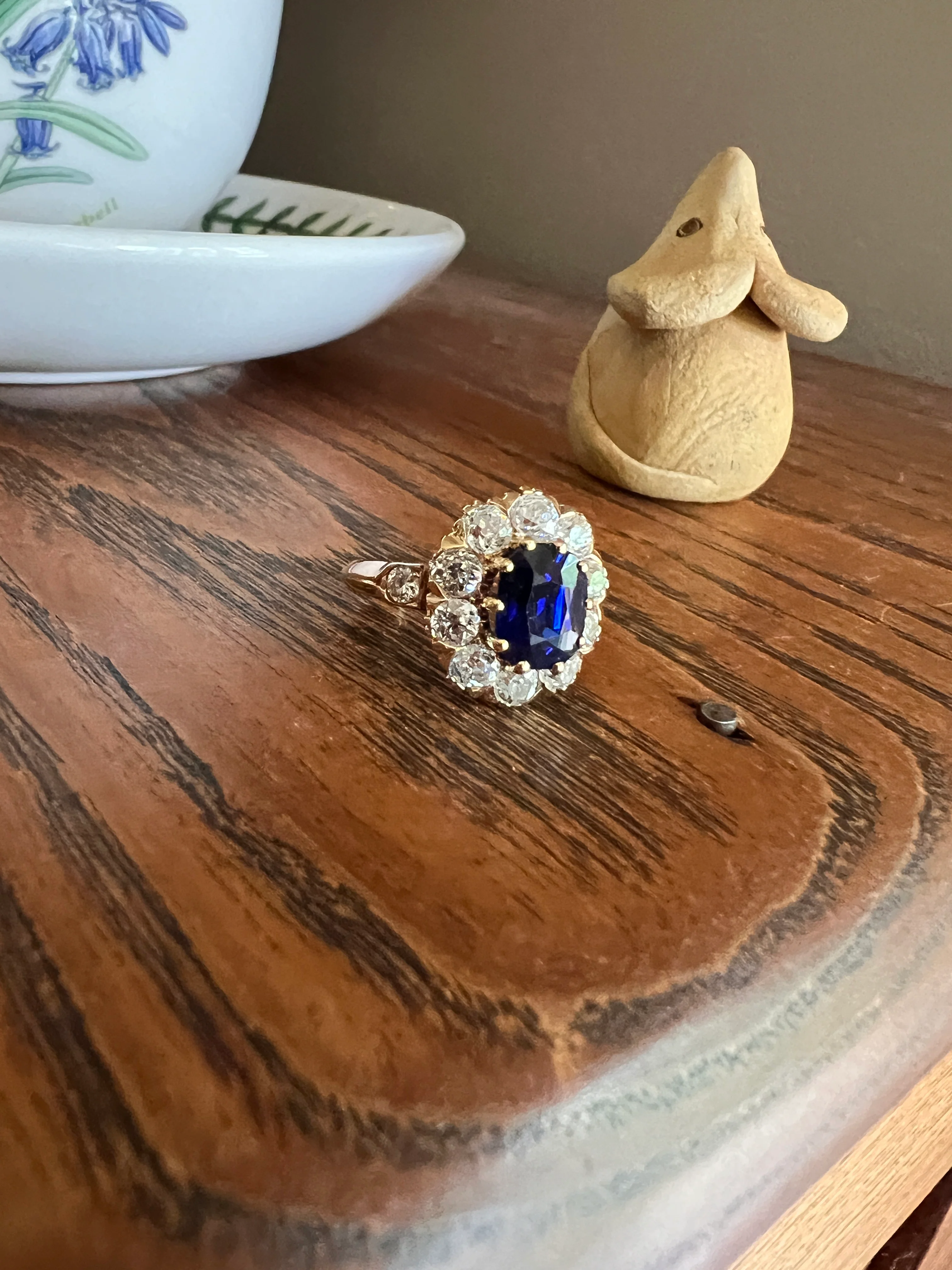 French Antique Natural Sapphire 1.7 CARAT Old Mine Cut DIAMONDS 18k Gold Halo Ring Cluster - Image 14