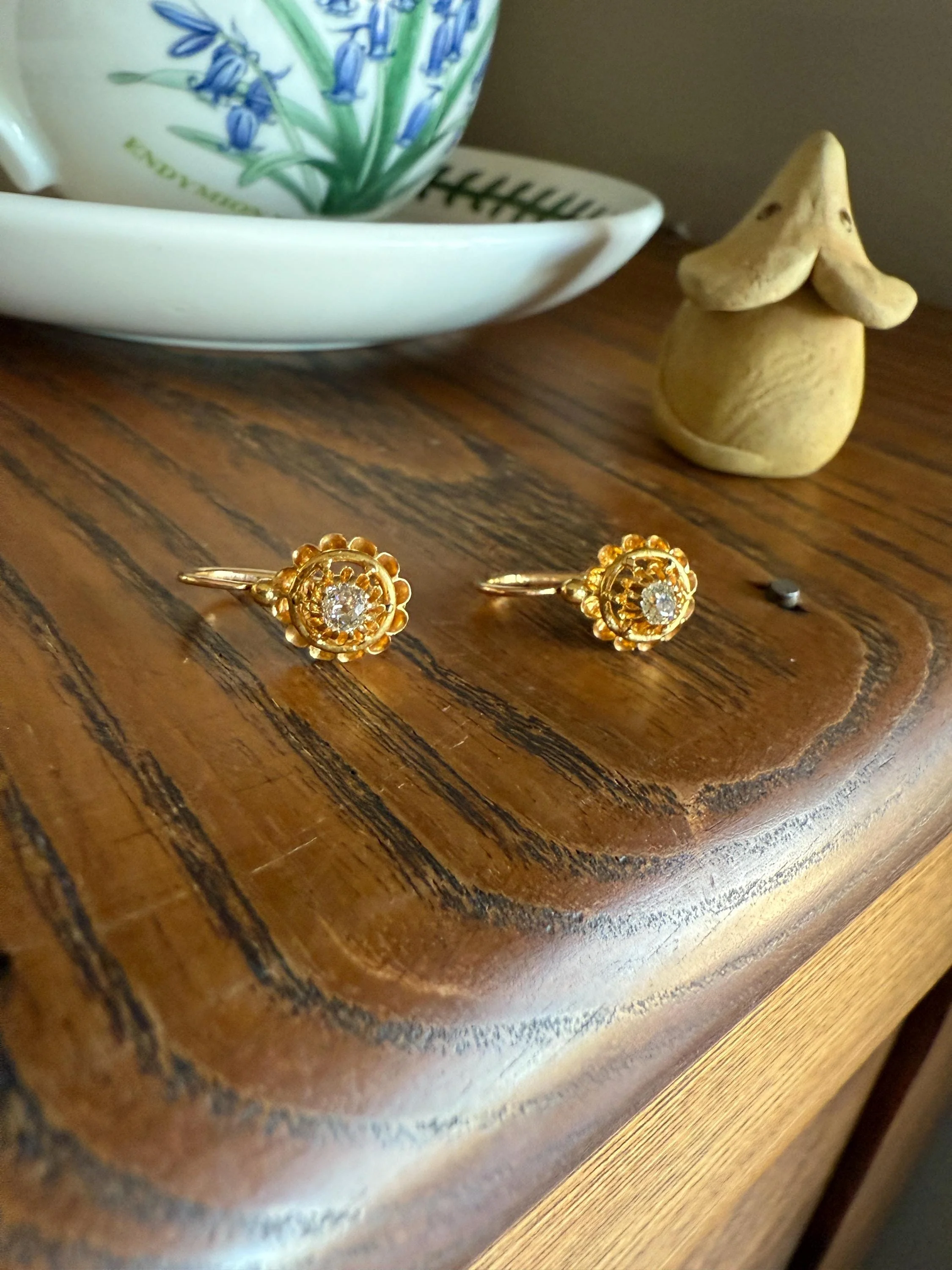 FRENCH Antique Old Mine Cut DiAMOND Buttercup Earrings .4ctw 18k Gold Victorian Dangle Dormeuse Gift Belle Epoque Valentine's Bridal OMC - Image 11