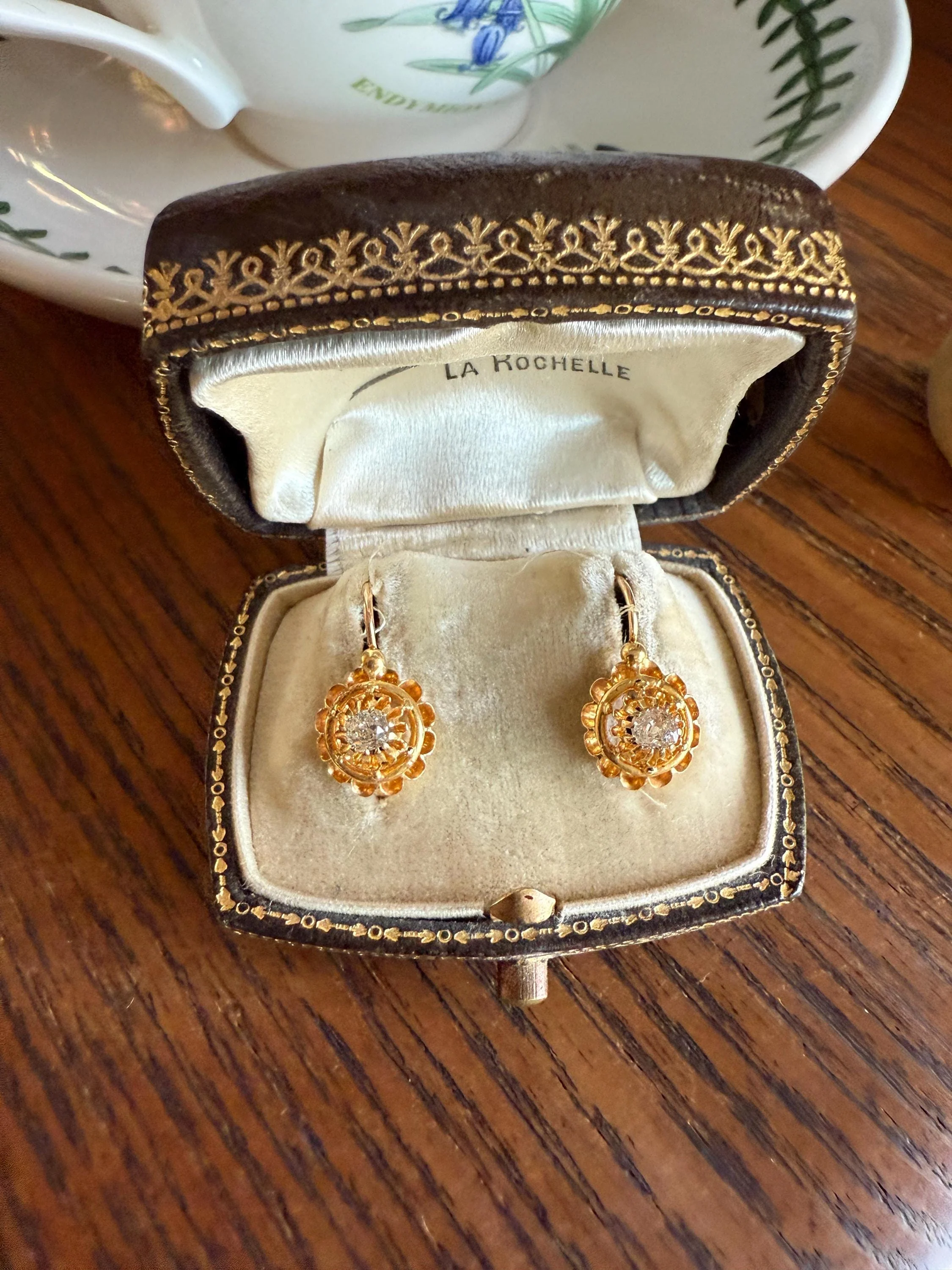 FRENCH Antique Old Mine Cut DiAMOND Buttercup Earrings .4ctw 18k Gold Victorian Dangle Dormeuse Gift Belle Epoque Valentine's Bridal OMC - Image 2
