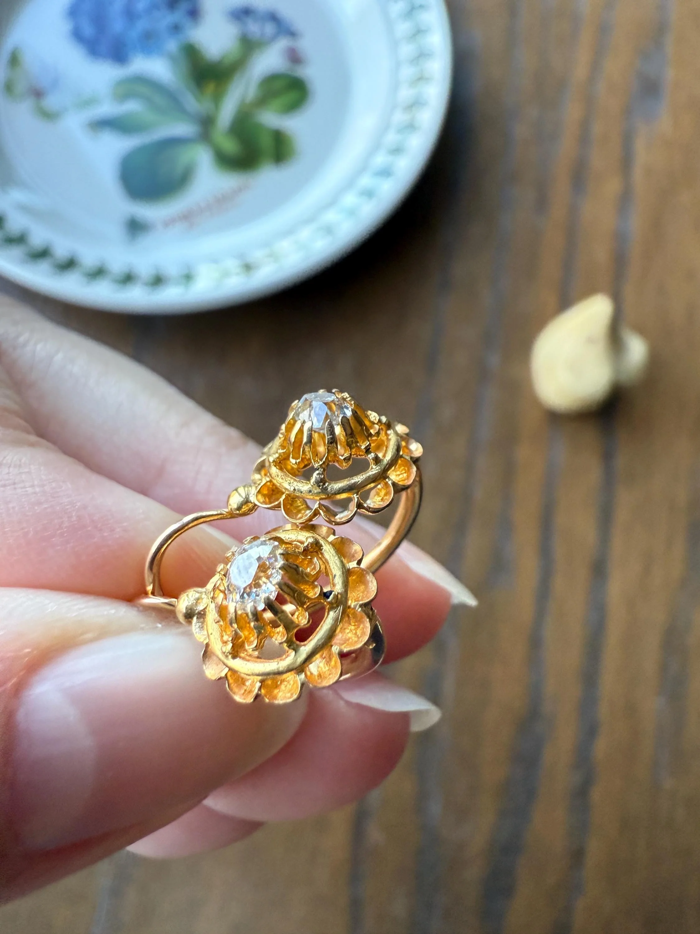 FRENCH Antique Old Mine Cut DiAMOND Buttercup Earrings .4ctw 18k Gold Victorian Dangle Dormeuse Gift Belle Epoque Valentine's Bridal OMC - Image 7