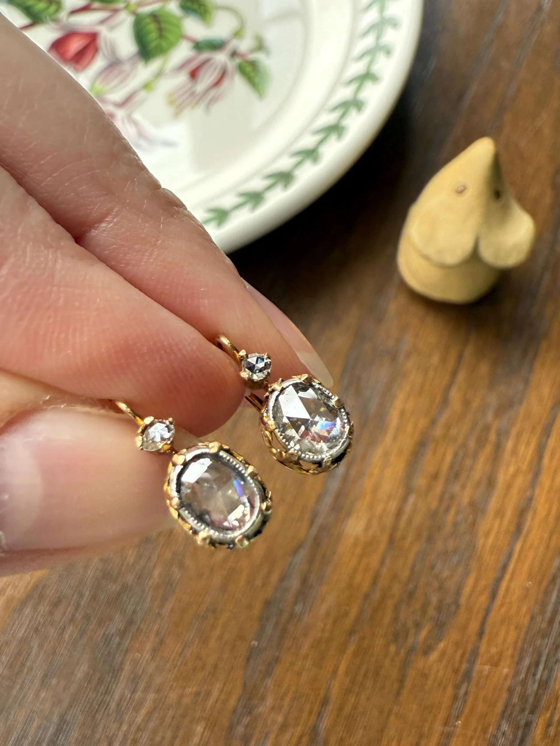 FRENCH Antique One Carat Tdw Face Up Open Back Rose Cut DIAMOND Fleur de Lis Crown Prong Earrings 18k Gold Victorian Dangle Dormeuse