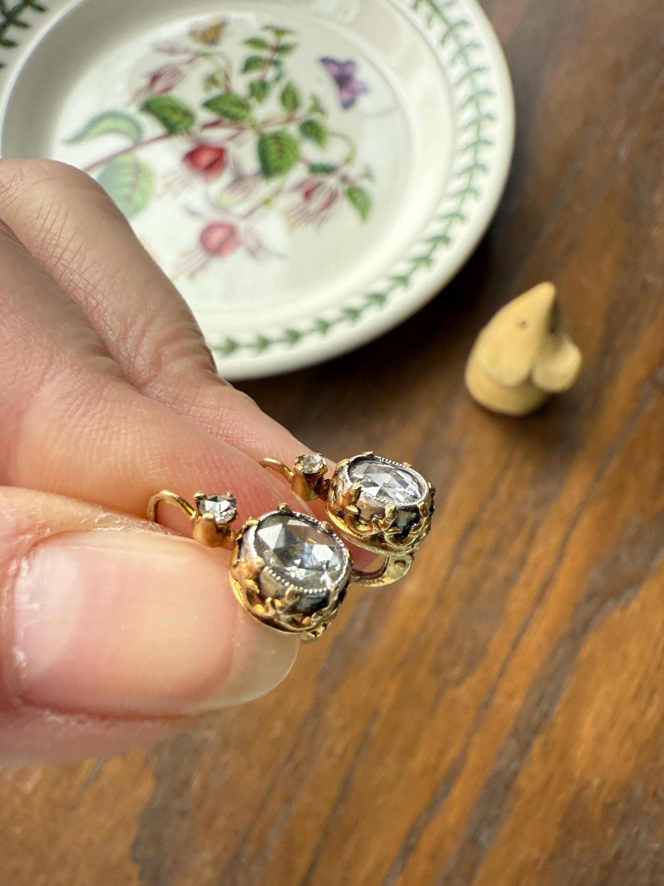 FRENCH Antique One Carat Tdw Face Up Open Back Rose Cut DIAMOND Fleur de Lis Crown Prong Earrings 18k Gold Victorian Dangle Dormeuse - Image 10