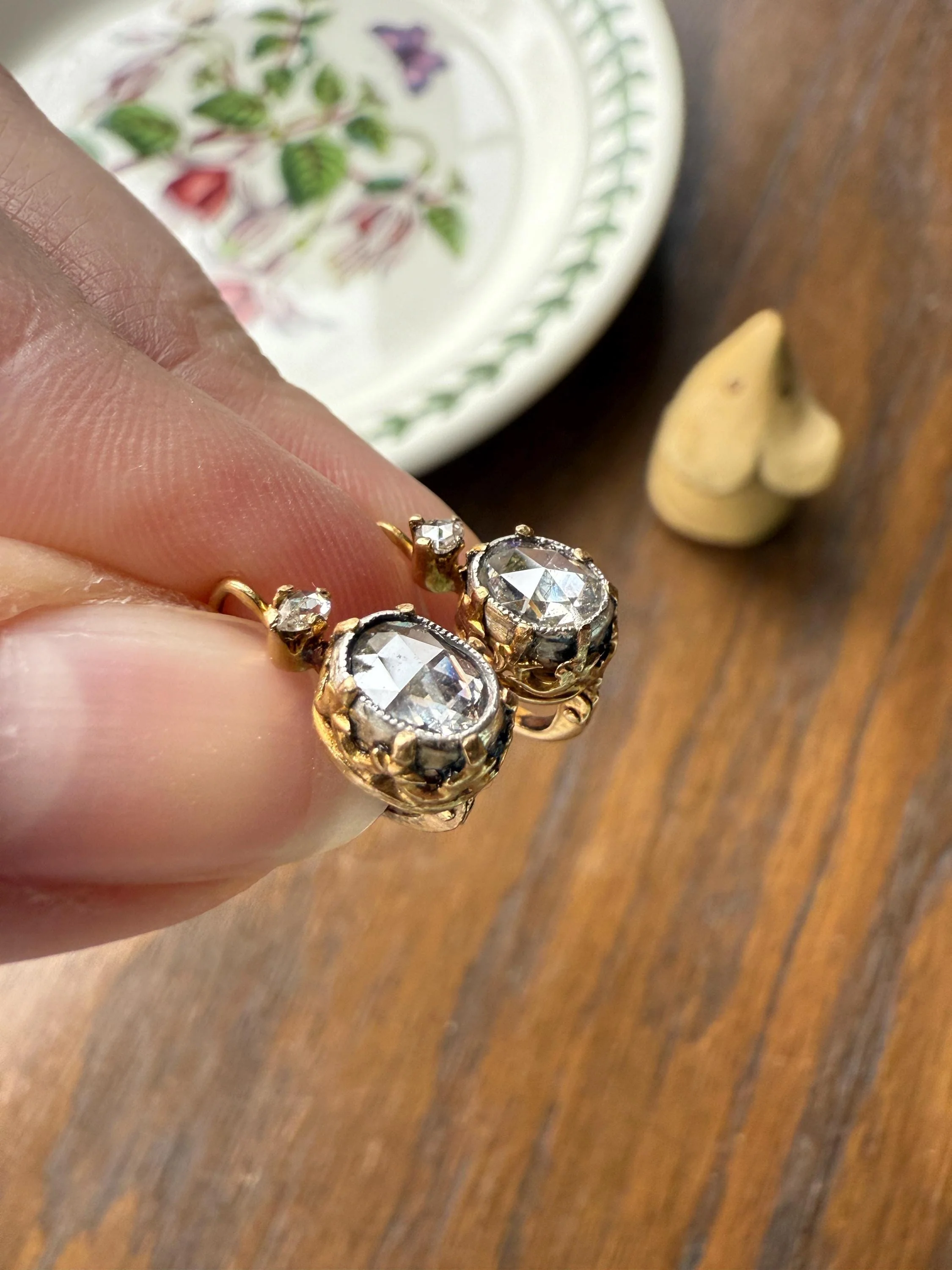 FRENCH Antique One Carat Tdw Face Up Open Back Rose Cut DIAMOND Fleur de Lis Crown Prong Earrings 18k Gold Victorian Dangle Dormeuse - Image 11