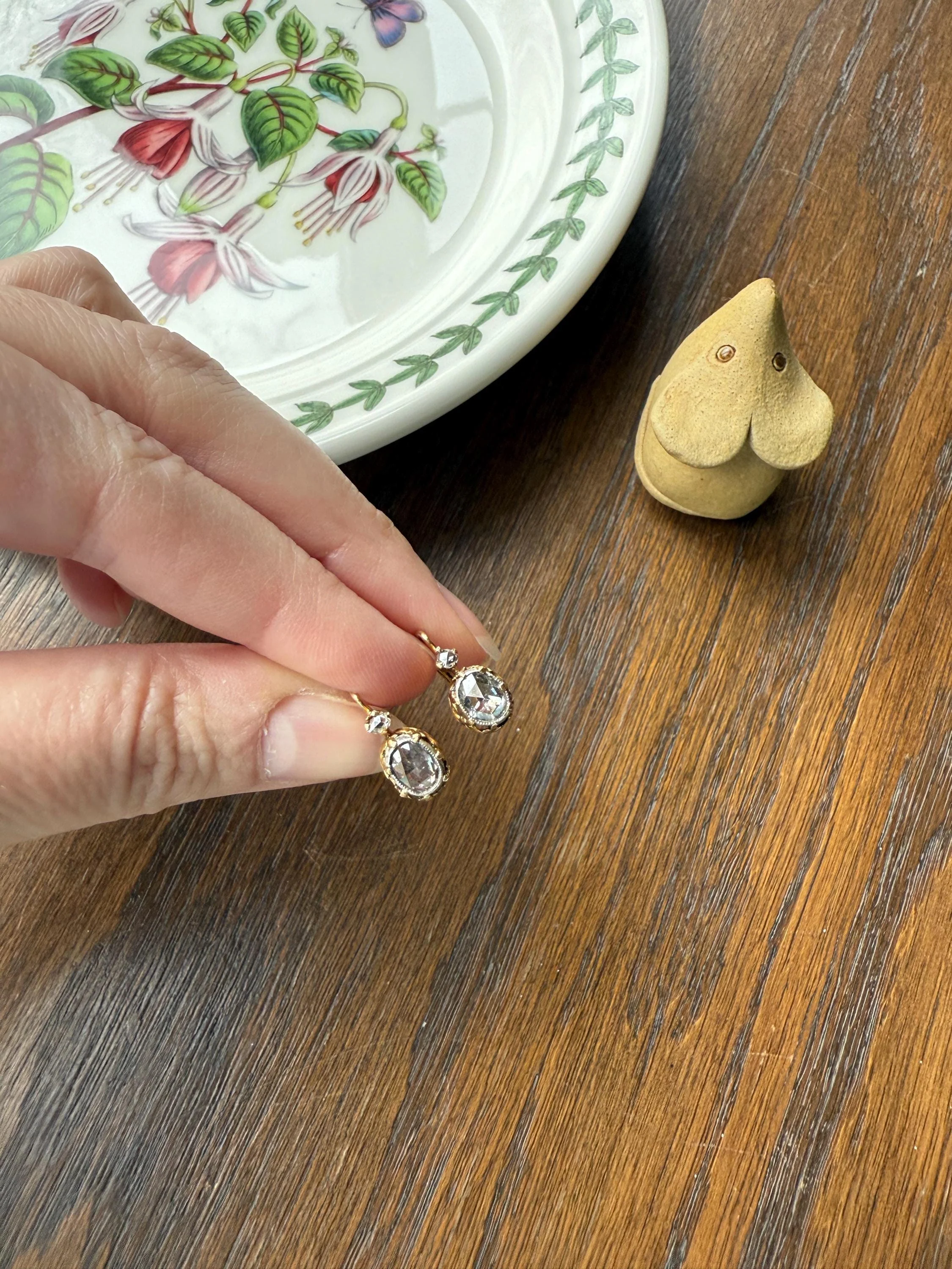 FRENCH Antique One Carat Tdw Face Up Open Back Rose Cut DIAMOND Fleur de Lis Crown Prong Earrings 18k Gold Victorian Dangle Dormeuse - Image 14