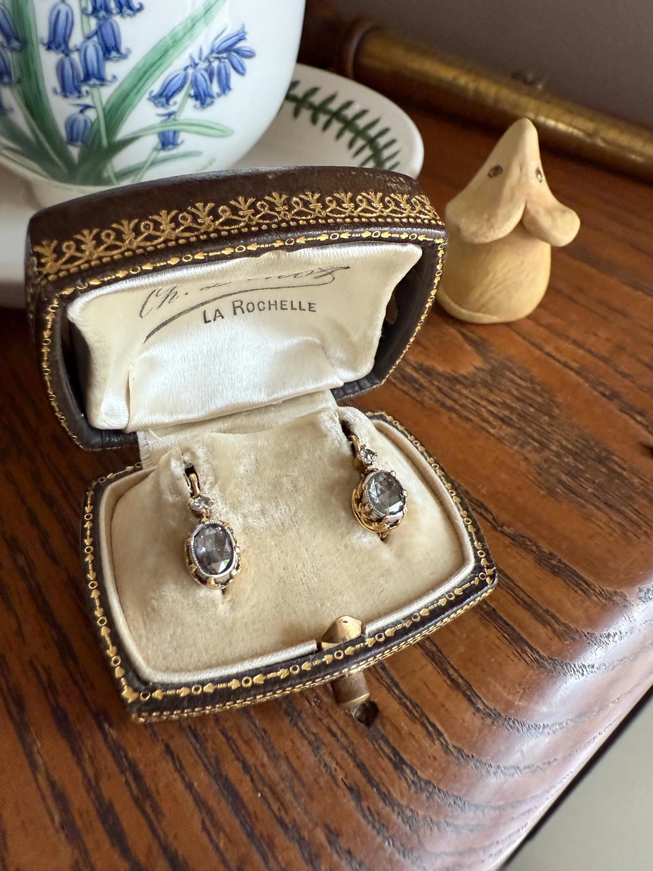 FRENCH Antique One Carat Tdw Face Up Open Back Rose Cut DIAMOND Fleur de Lis Crown Prong Earrings 18k Gold Victorian Dangle Dormeuse - Image 16
