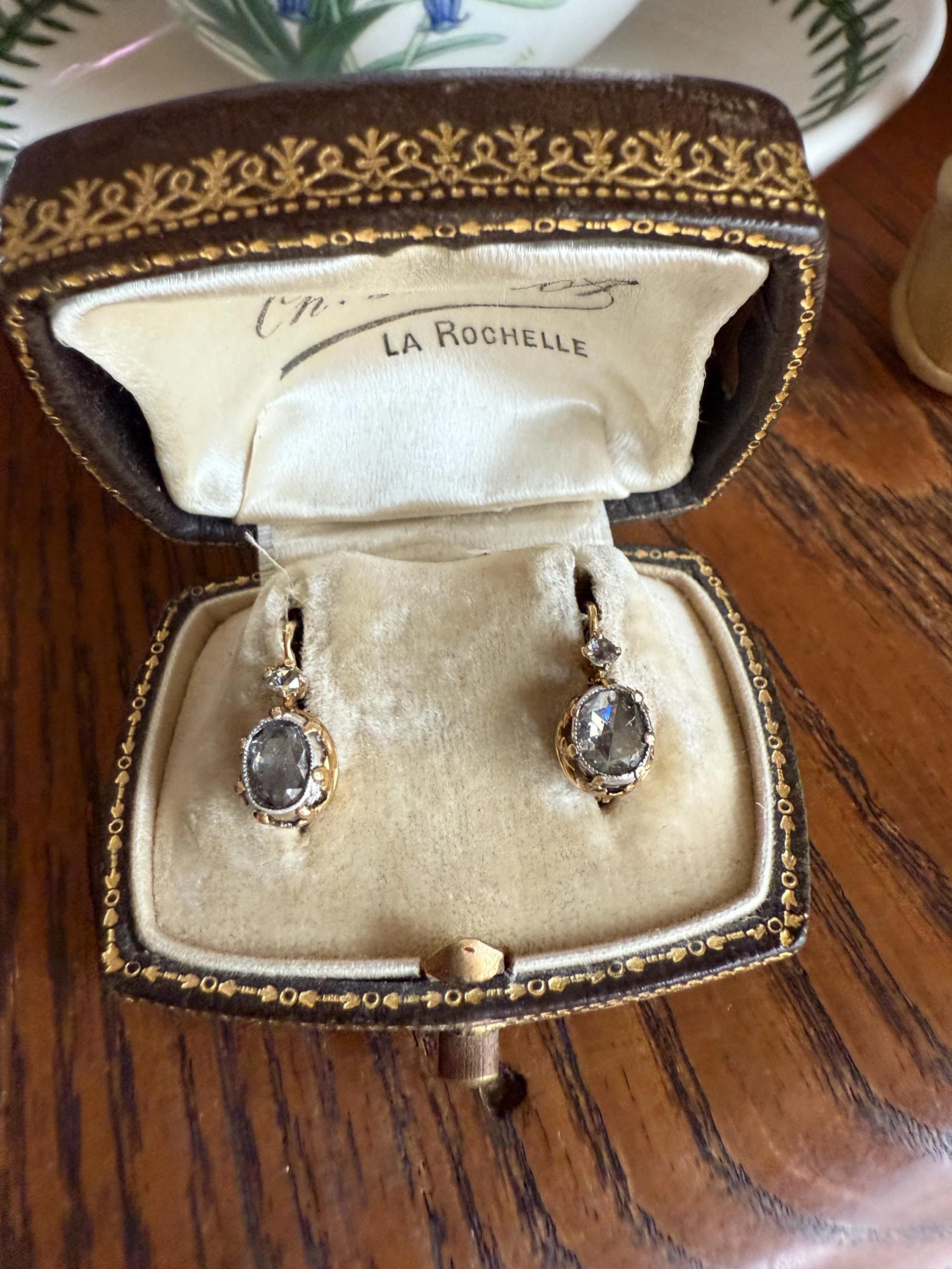 FRENCH Antique One Carat Tdw Face Up Open Back Rose Cut DIAMOND Fleur de Lis Crown Prong Earrings 18k Gold Victorian Dangle Dormeuse - Image 19