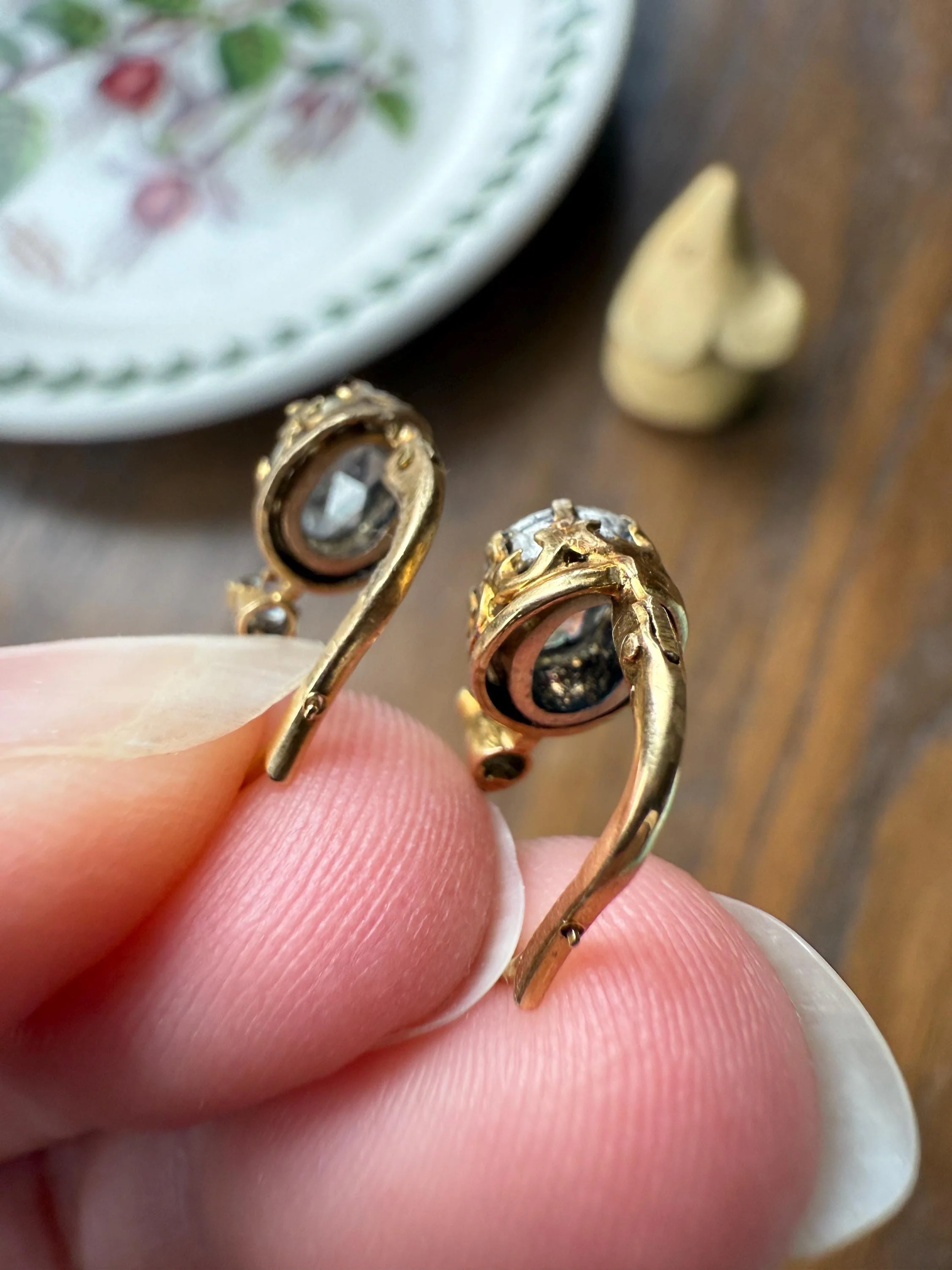 FRENCH Antique One Carat Tdw Face Up Open Back Rose Cut DIAMOND Fleur de Lis Crown Prong Earrings 18k Gold Victorian Dangle Dormeuse - Image 20