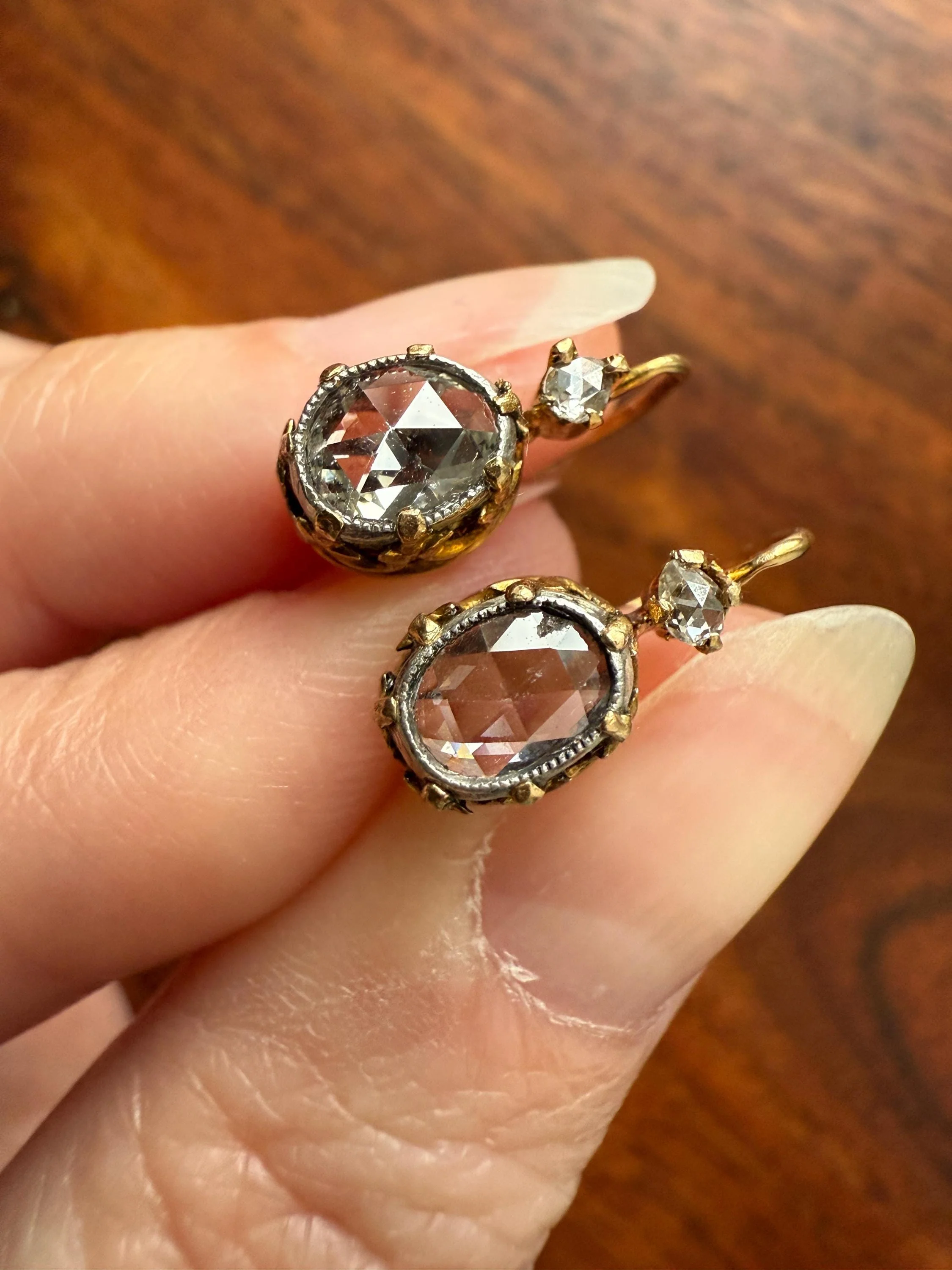 FRENCH Antique One Carat Tdw Face Up Open Back Rose Cut DIAMOND Fleur de Lis Crown Prong Earrings 18k Gold Victorian Dangle Dormeuse - Image 3