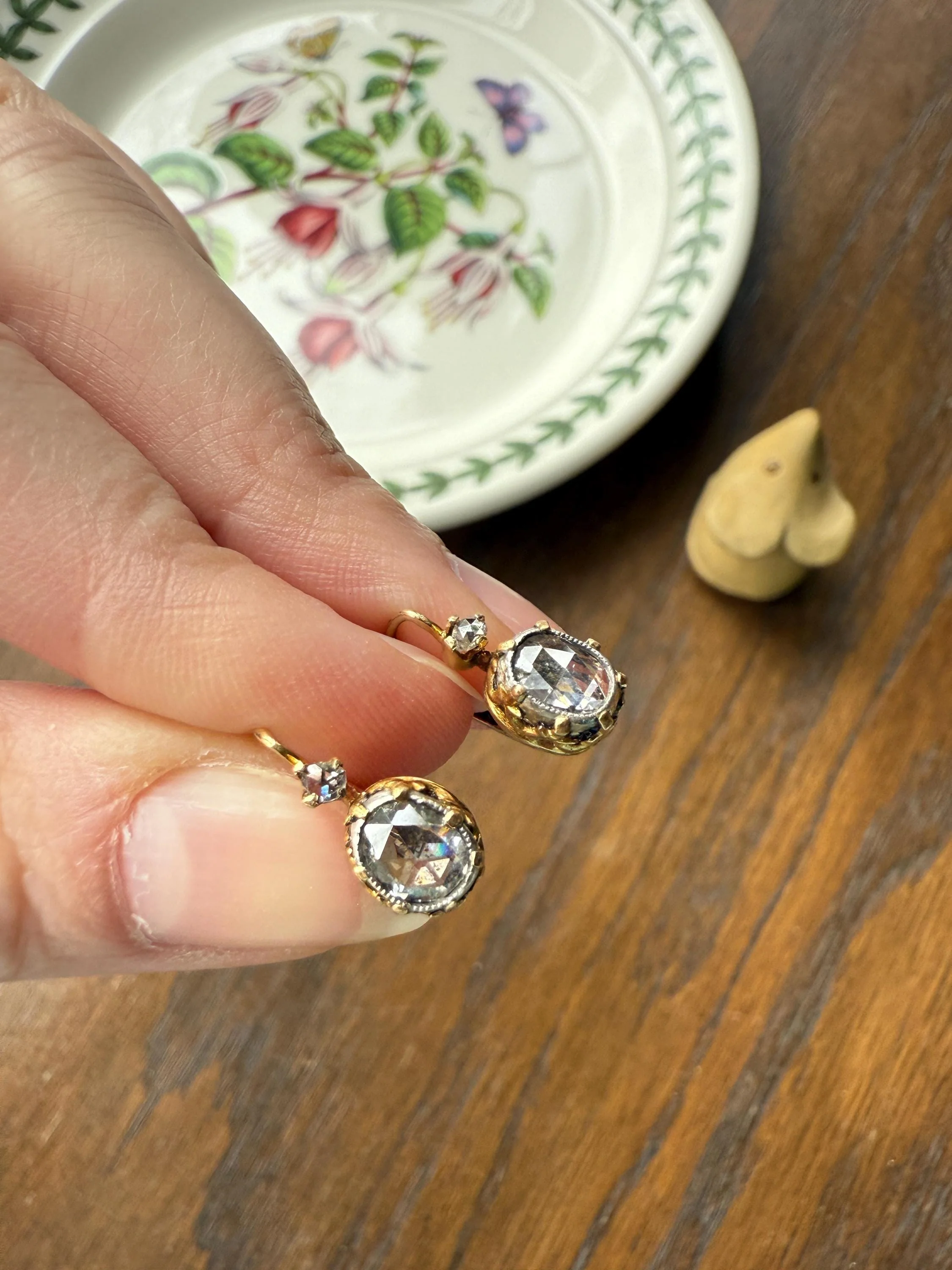 FRENCH Antique One Carat Tdw Face Up Open Back Rose Cut DIAMOND Fleur de Lis Crown Prong Earrings 18k Gold Victorian Dangle Dormeuse - Image 7