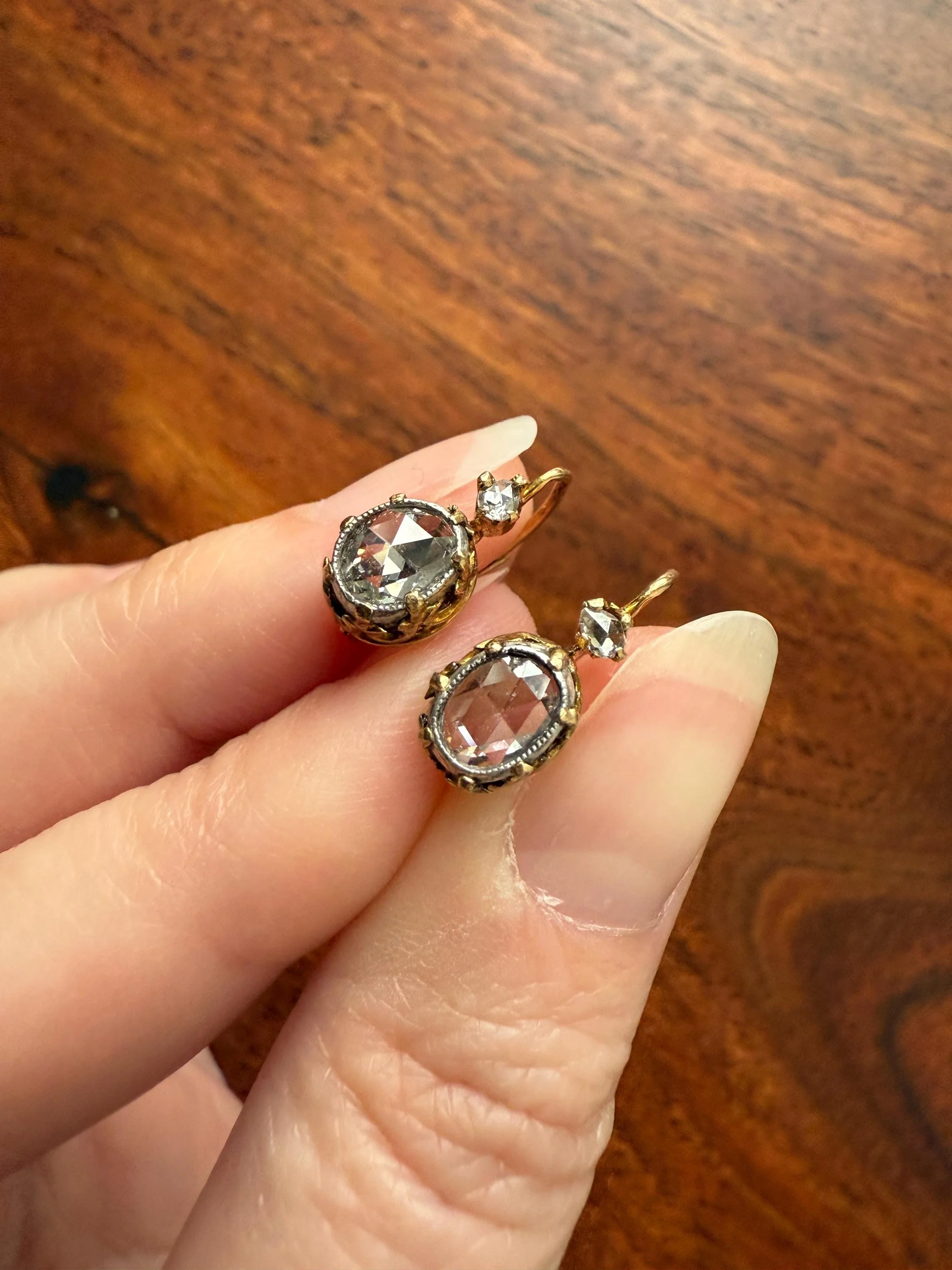 FRENCH Antique One Carat Tdw Face Up Open Back Rose Cut DIAMOND Fleur de Lis Crown Prong Earrings 18k Gold Victorian Dangle Dormeuse - Image 9